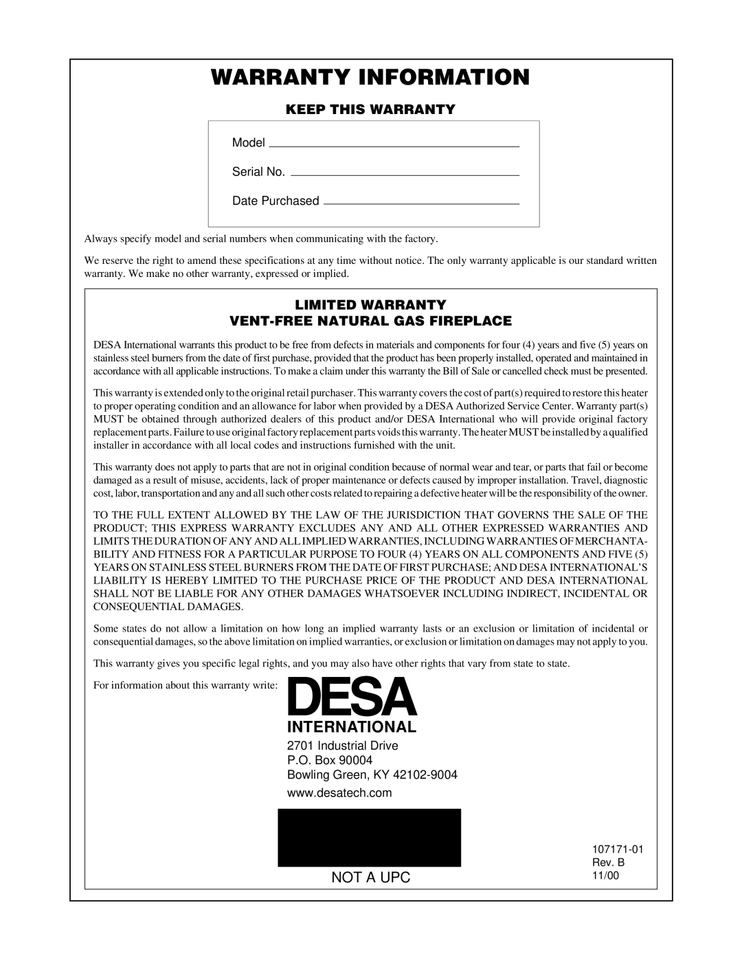 Desa VSGF33NR installation manual Warranty Information 