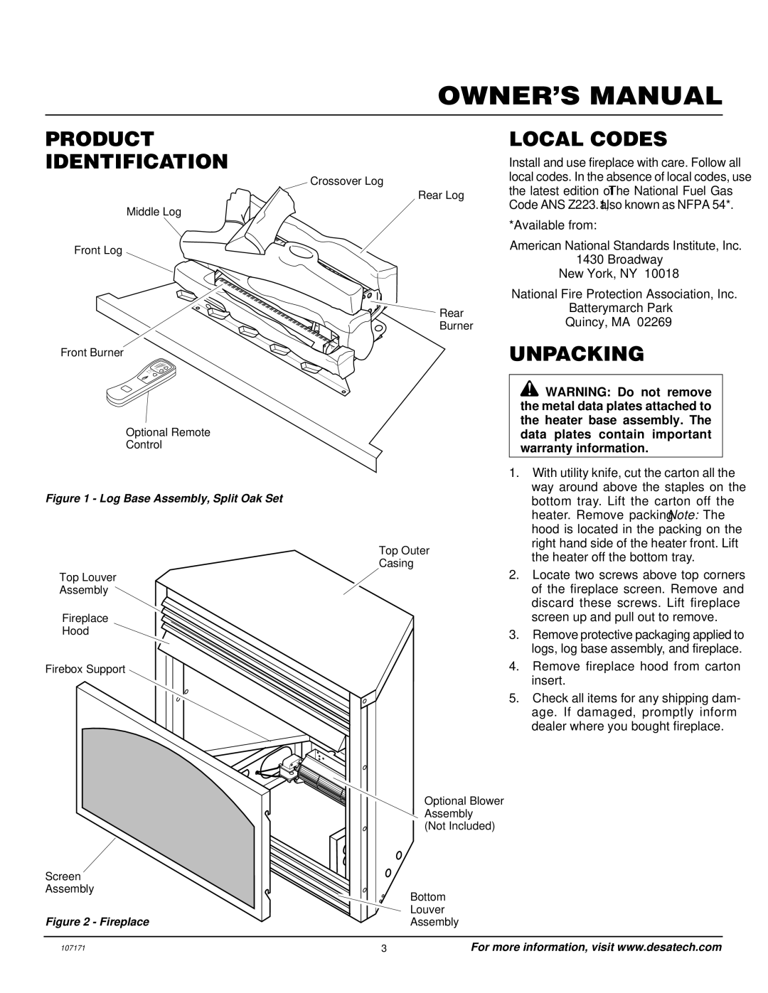 Desa VSGF33NR installation manual Product Identification, Local Codes, Unpacking 