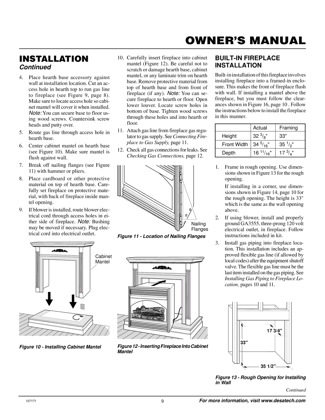 Desa VSGF33NR installation manual BUILT-IN Fireplace Installation, Actual Framing Height 32 3/8 Front Width Depth 