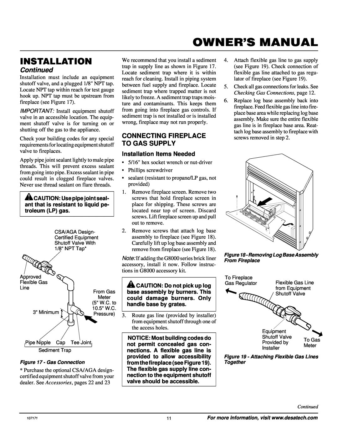 Desa VSGF33NR installation manual Connecting Fireplace To Gas Supply, Continued, Installation Items Needed 