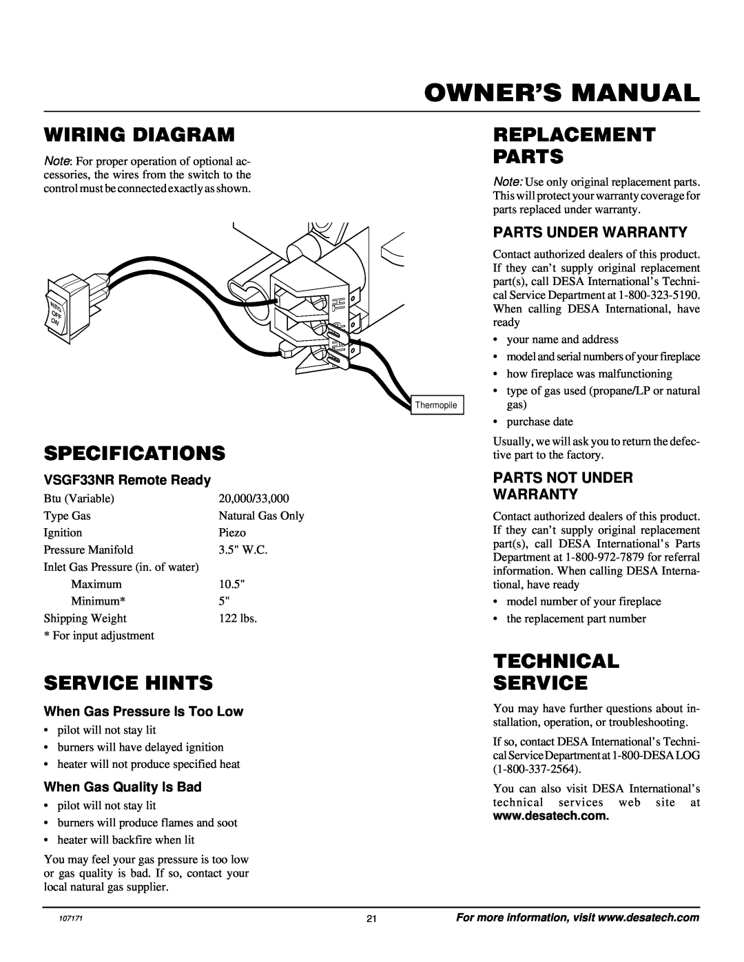 Desa VSGF33NR Wiring Diagram, Specifications, Service Hints, Replacement Parts, Technical Service, Parts Under Warranty 