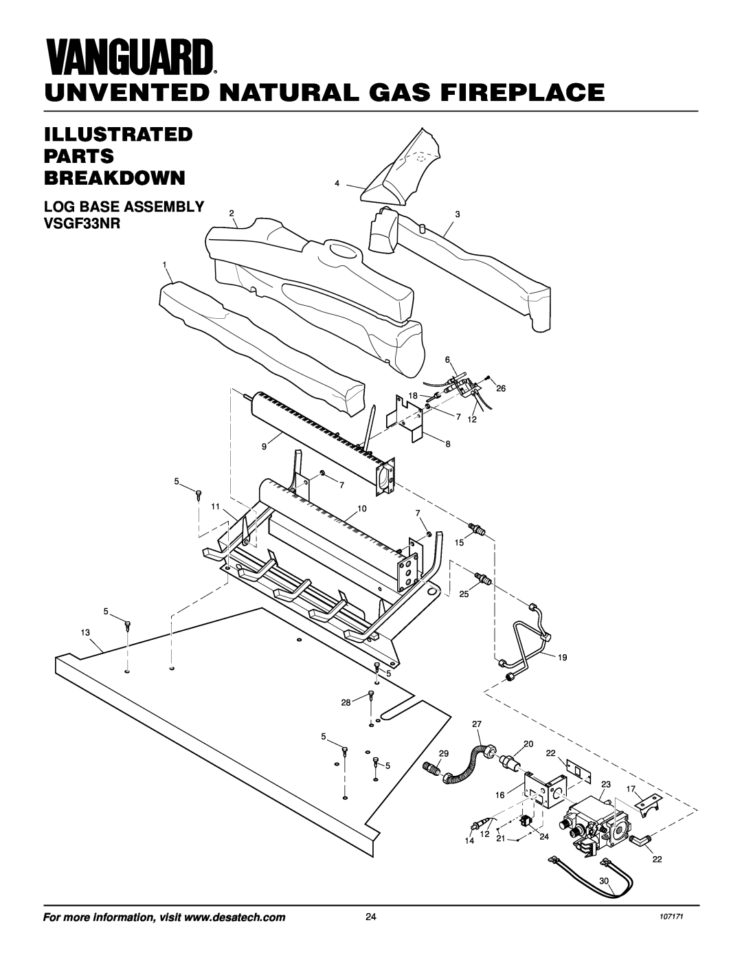Desa VSGF33NR installation manual ILLUSTRATED PARTS BREAKDOWN4, Log Base Assembly, Unvented Natural Gas Fireplace 