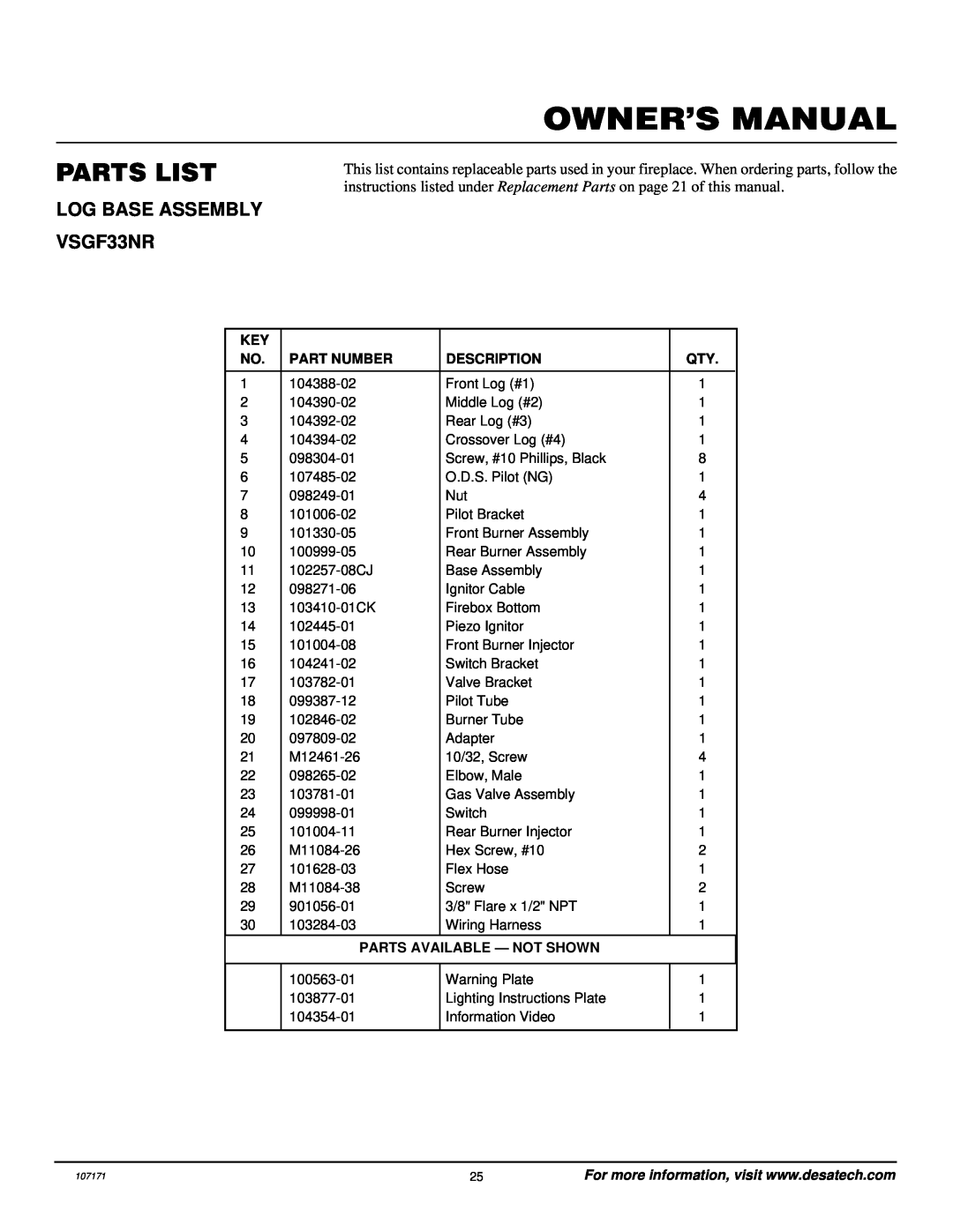 Desa installation manual Parts List, LOG BASE ASSEMBLY VSGF33NR, Part Number, Description, Parts Available - Not Shown 