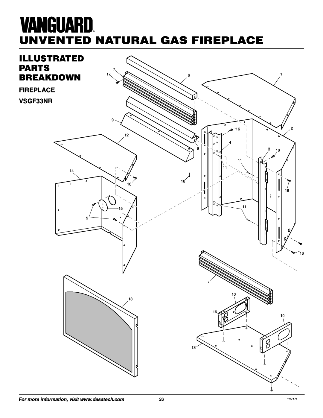 Desa installation manual ILLUSTRATED PARTS7, Breakdown, FIREPLACE VSGF33NR, Unvented Natural Gas Fireplace, 107171 