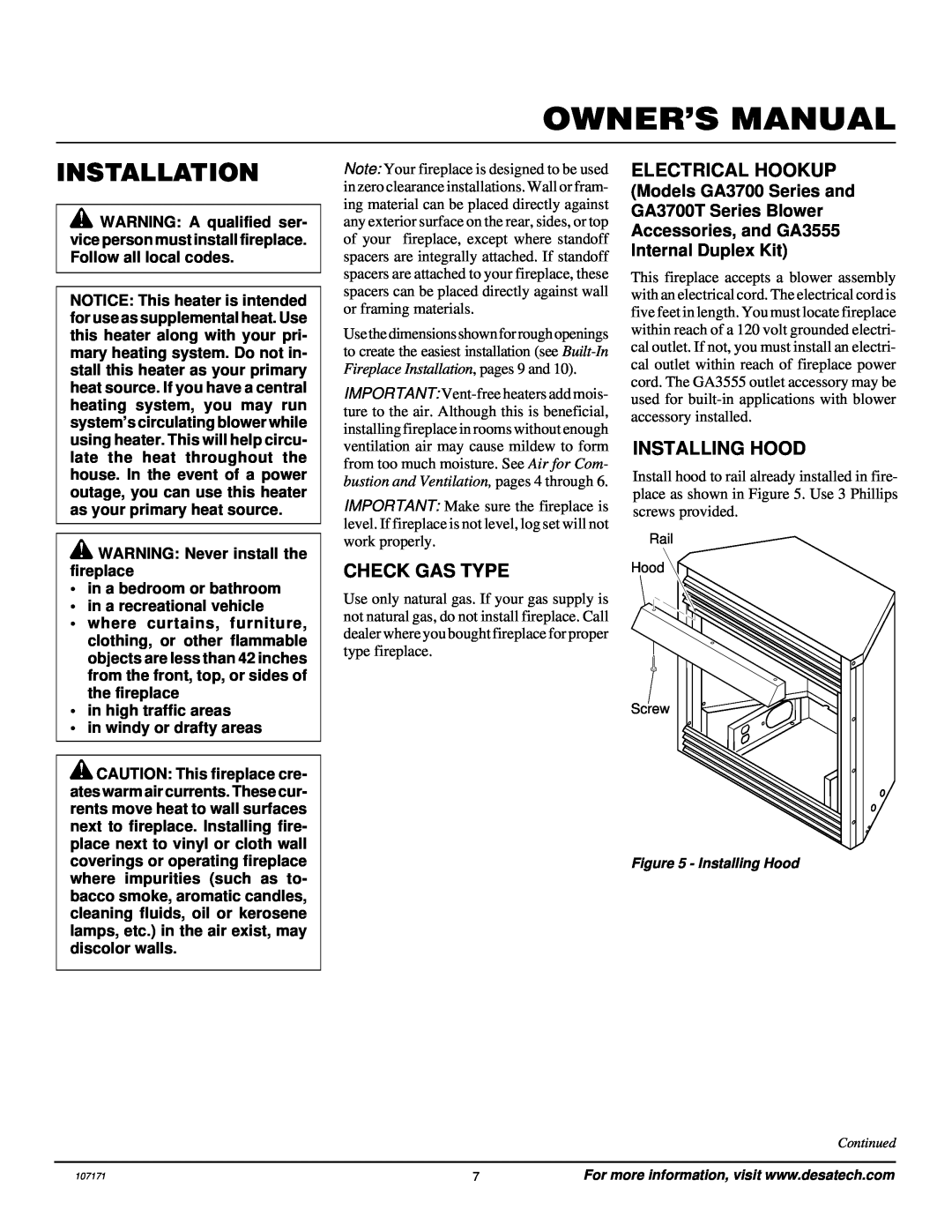 Desa VSGF33NR installation manual Installation, Check Gas Type, Electrical Hookup, Installing Hood 