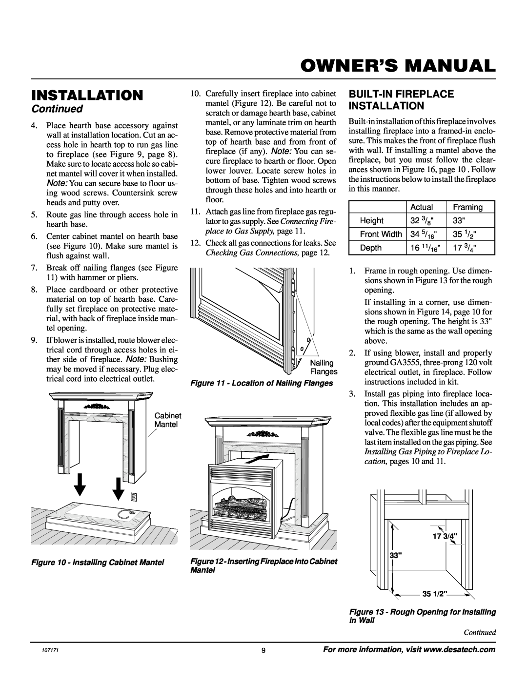 Desa VSGF33NR installation manual Built-Infireplace Installation, Continued 