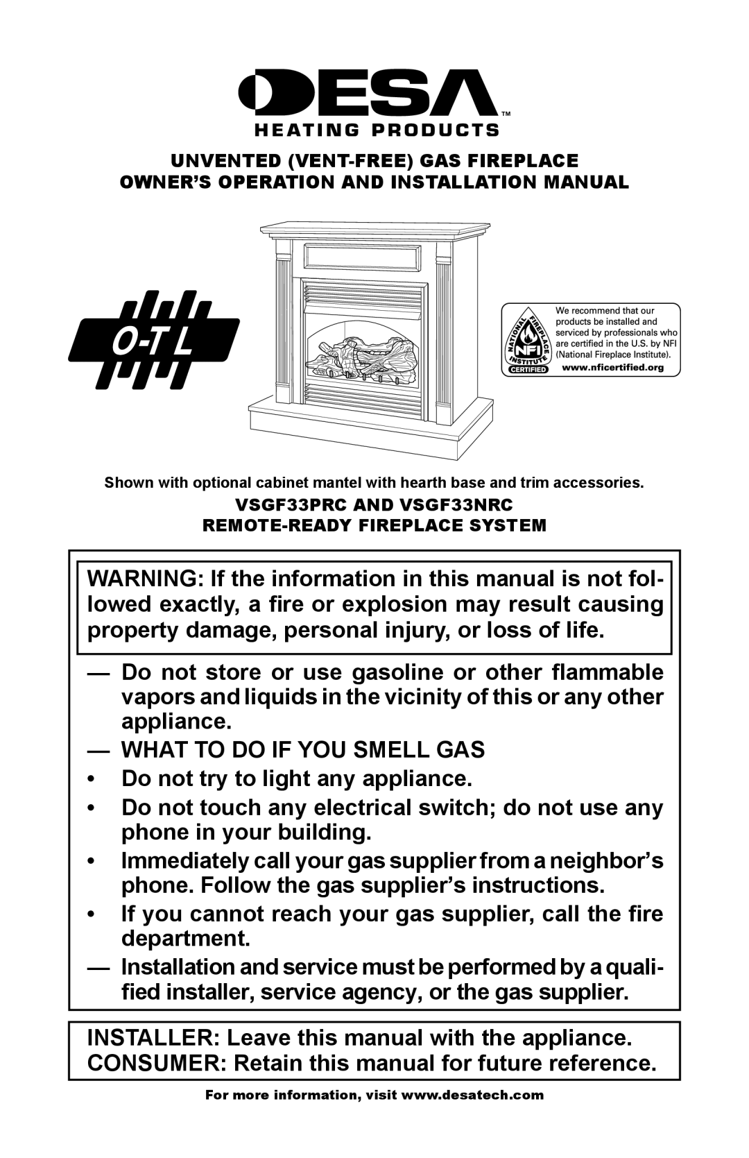 Desa installation manual VSGF33PRC and VSGF33NRC, Remote-ready fireplace System 