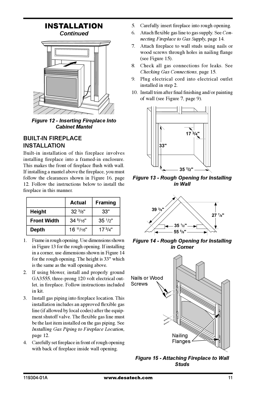 Desa VSGF33PRC, VSGF33NRC installation manual Built-In Fireplace Installation, Actual Framing Height, Front Width, Depth 