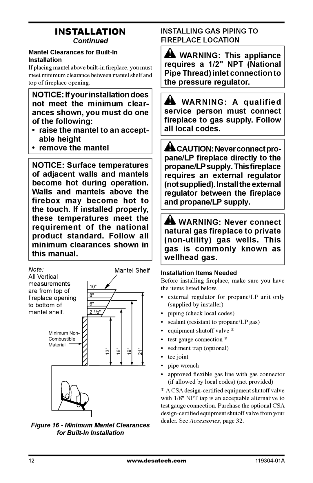 Desa VSGF33NRC, VSGF33PRC Installing Gas Piping to Fireplace Location, Mantel Clearances for Built-In Installation 