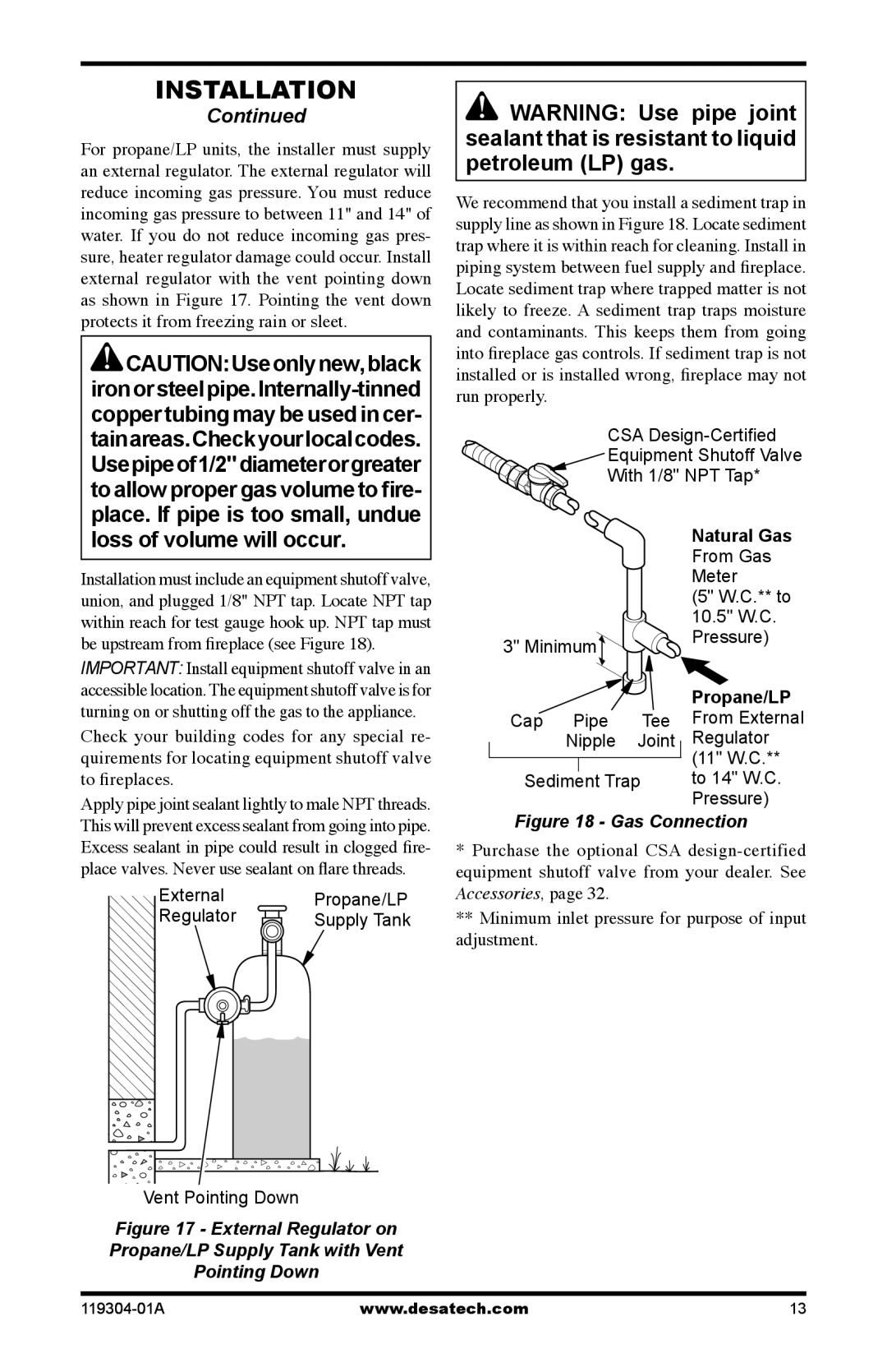 Desa VSGF33PRC, VSGF33NRC installation manual Vent Pointing Down, Propane/LP 