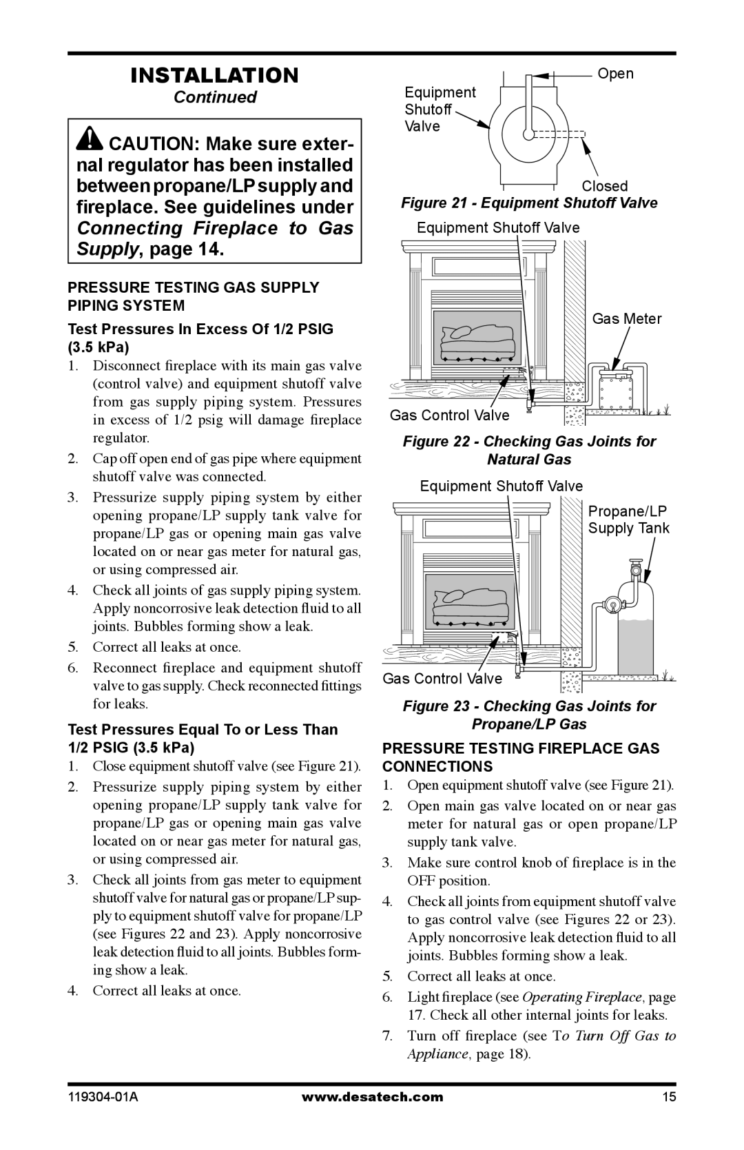 Desa VSGF33PRC, VSGF33NRC Test Pressures Equal To or Less Than Psig 3.5 kPa, Pressure Testing Fireplace Gas Connections 