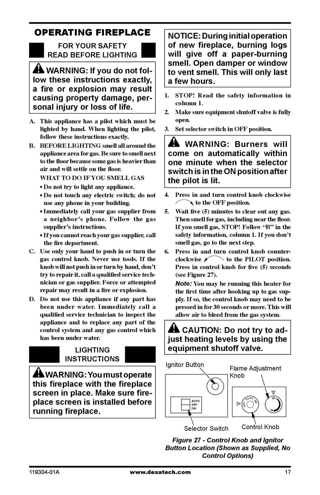 Desa VSGF33PRC, VSGF33NRC installation manual Operating Fireplace, For Your Safety Read Before Lighting, Instructions 