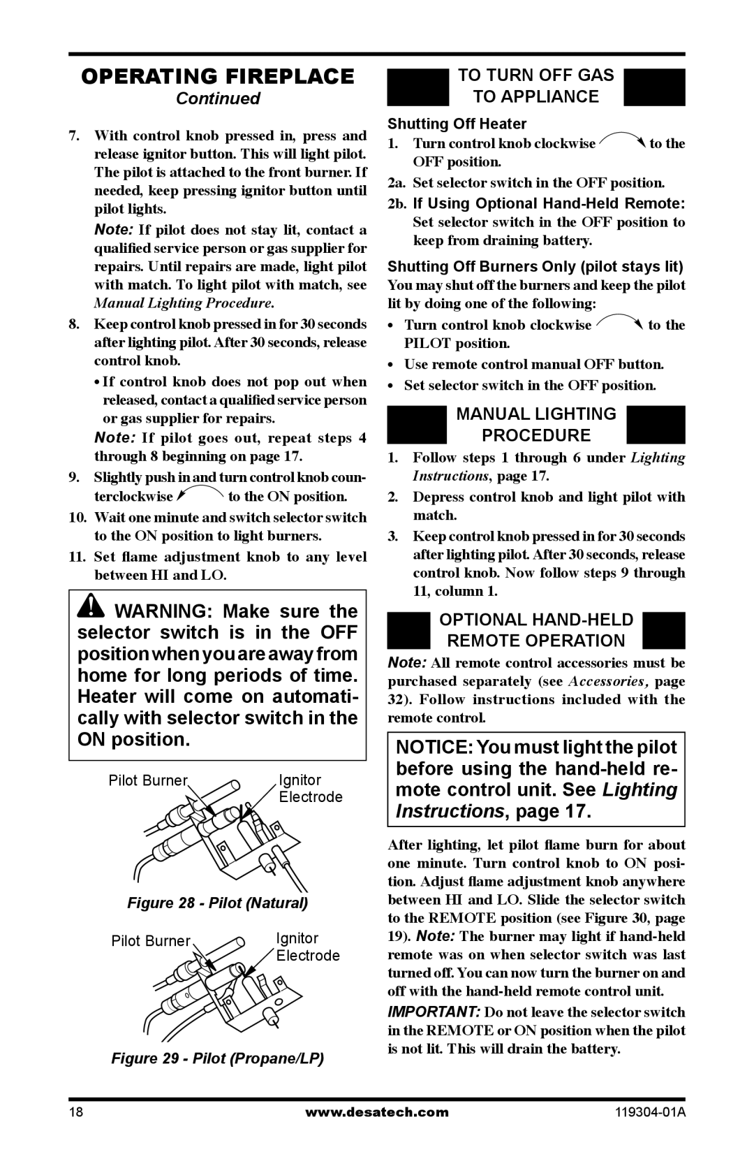 Desa VSGF33NRC, VSGF33PRC To Turn OFF GAS To Appliance, Manual Lighting Procedure, OpTIONAL Hand-Held, Remote Operation 