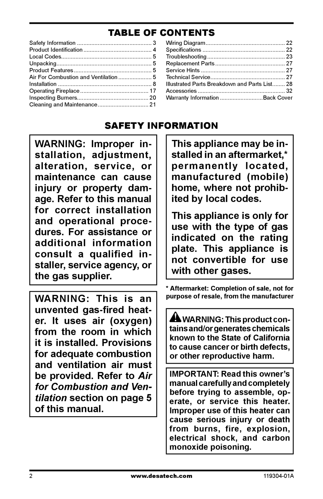 Desa VSGF33NRC, VSGF33PRC installation manual Table of Contents 