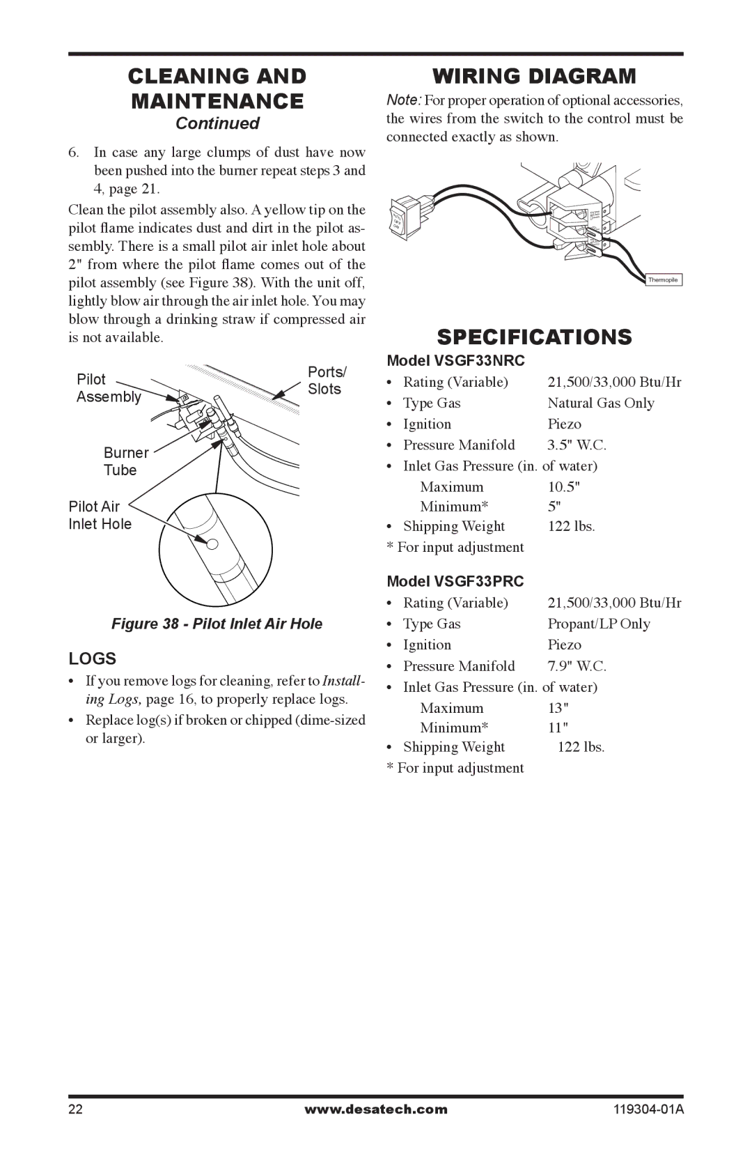 Desa VSGF33NRC, VSGF33PRC installation manual Cleaning Maintenance, Wiring Diagram, Specifications, Logs 
