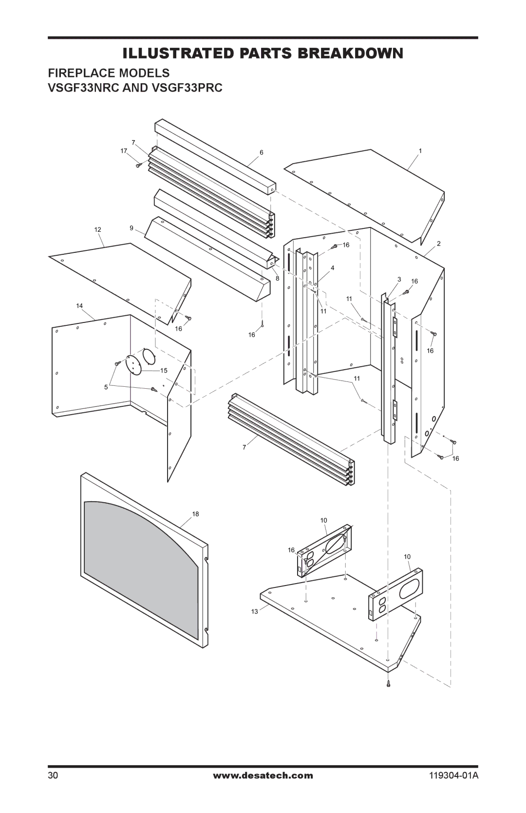 Desa installation manual Illustrated Parts Breakdown, Fireplace mOdels VSGF33NRC and VSGF33PRC 