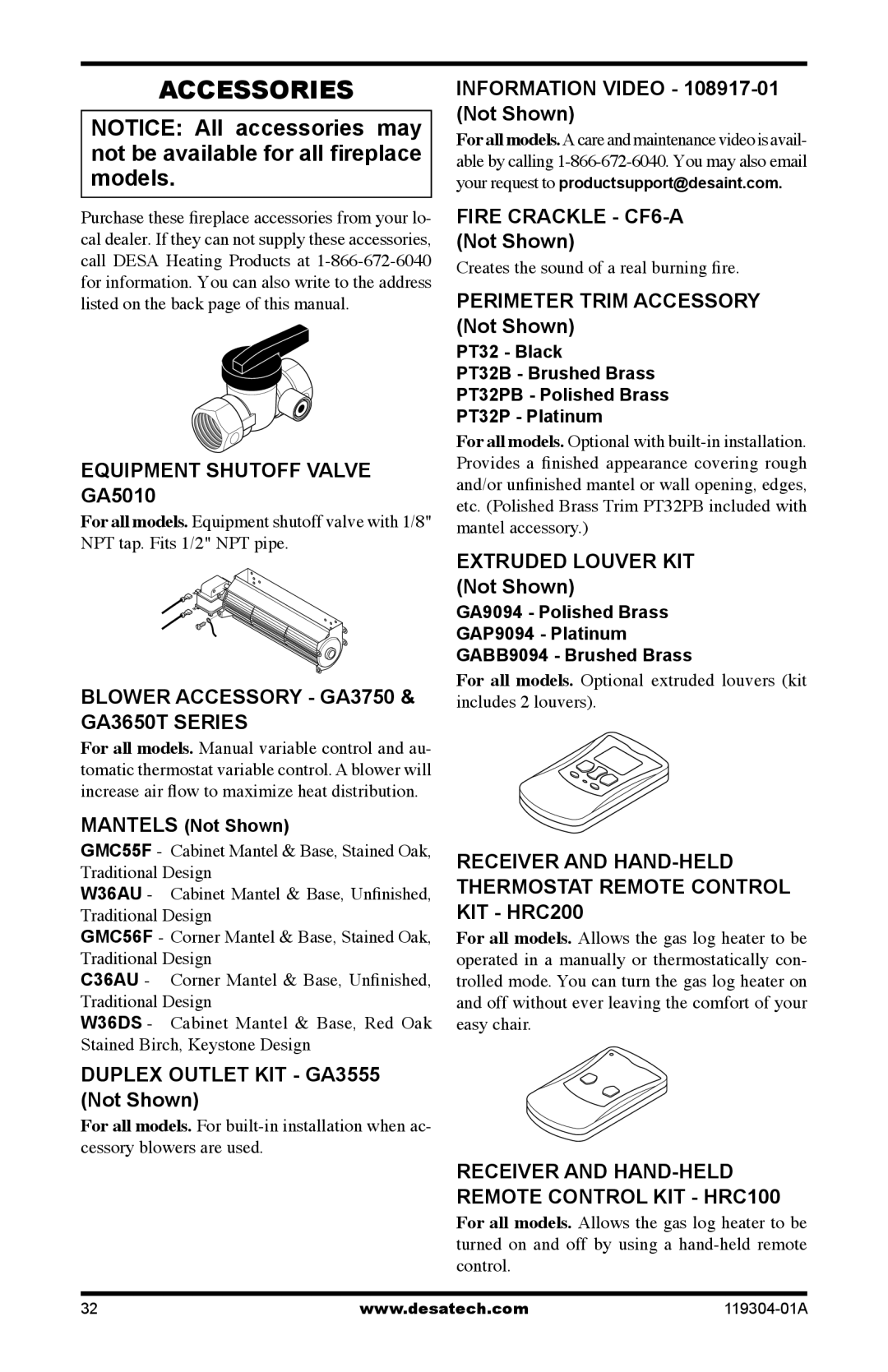 Desa VSGF33NRC Accessories, Equipment Shutoff Valve GA5010, Receiver and HAND-HELD Thermostat Remote Control KIT HRC200 