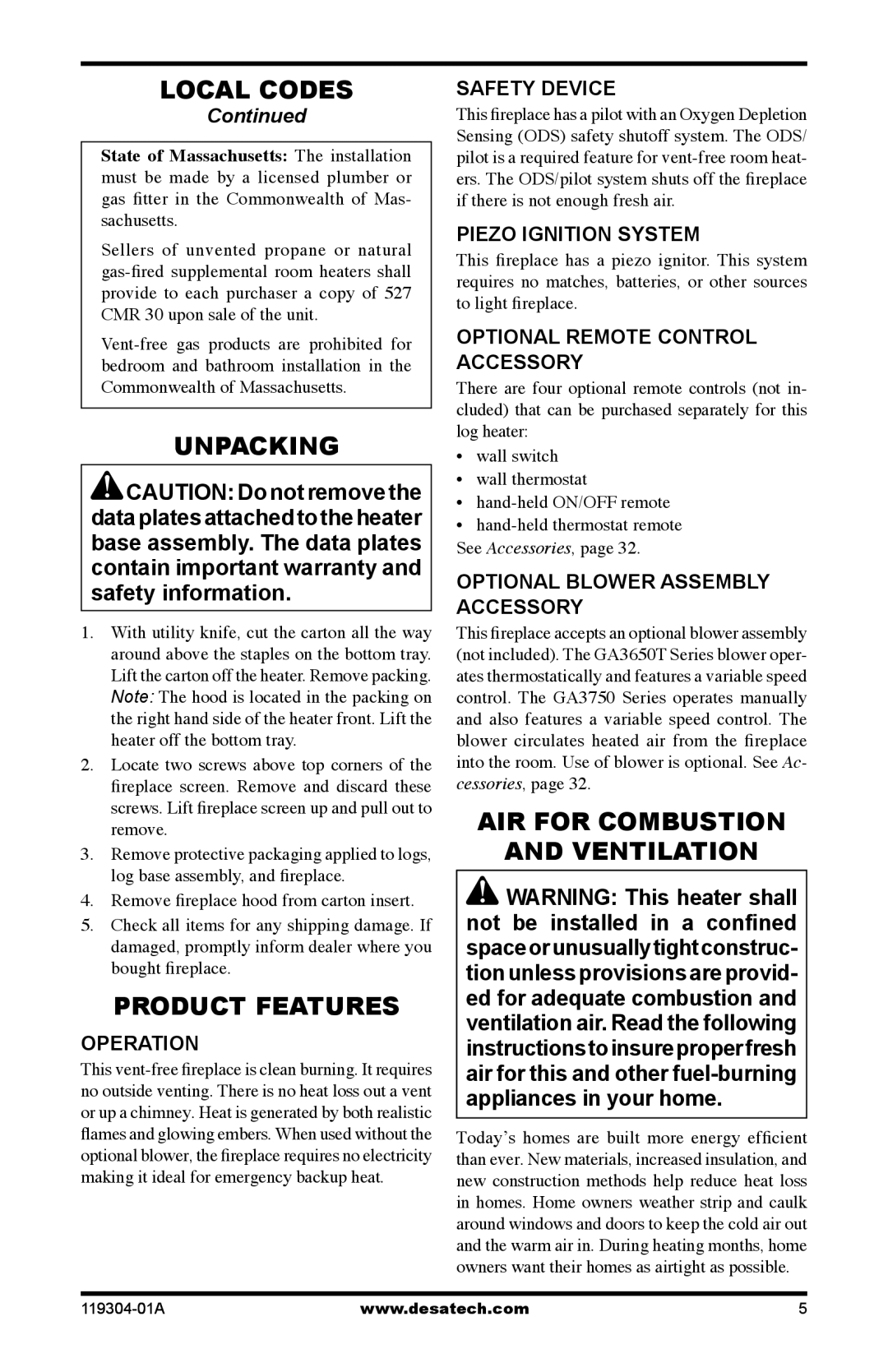 Desa VSGF33PRC, VSGF33NRC installation manual Unpacking, Product Features, Air For Combustion Ventilation, Accessory 