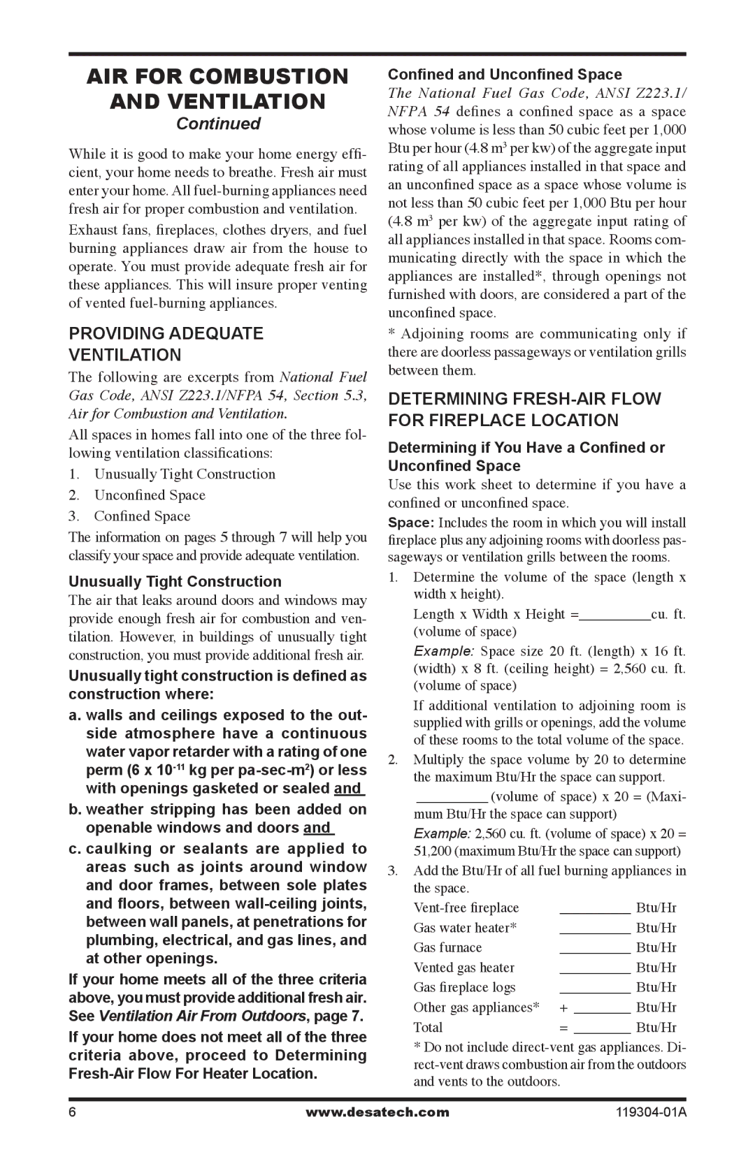 Desa VSGF33NRC, VSGF33PRC installation manual AIR for Combustion Ventilation, Providing Adequate Ventilation 