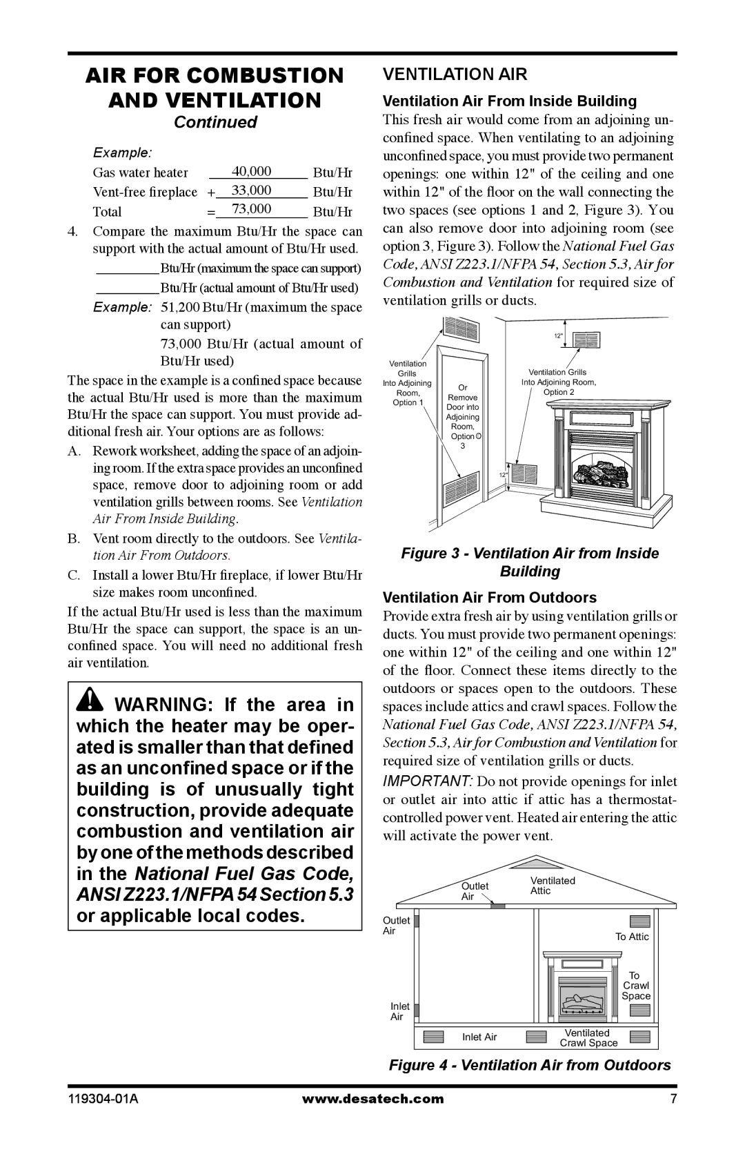 Desa VSGF33PRC, VSGF33NRC Ventilation AIR, Ventilation Air From Inside Building, Ventilation Air From Outdoors 