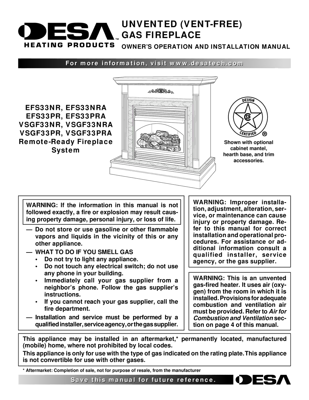 Desa EFS33NR, EFS33NRA, EFS33PR, EFS33PRA VSGF33NR, VSGF33NRA, VSGF33PR, VSGF33PRA installation manual 