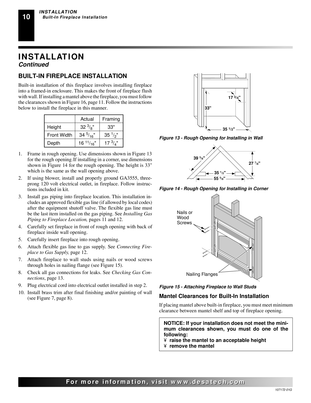 Desa VSGF33PRA installation manual BUILT-IN Fireplace Installation, Mantel Clearances for Built-In Installation 