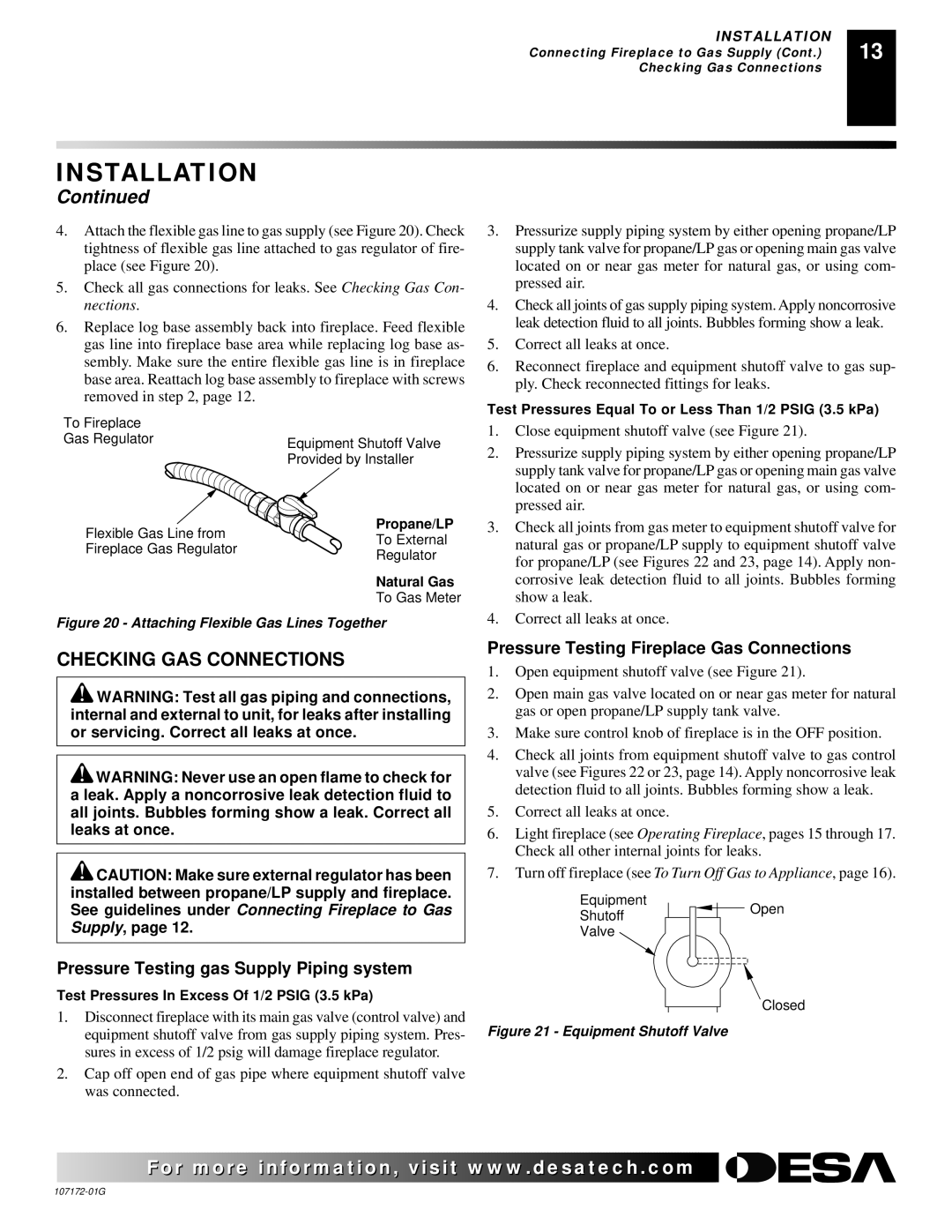 Desa EFS33NR, EFS33NRA, EFS33PR, EFS33PRA VSGF33NR, VSGF33NRA, VSGF33PR, VSGF33PRA Checking GAS Connections 