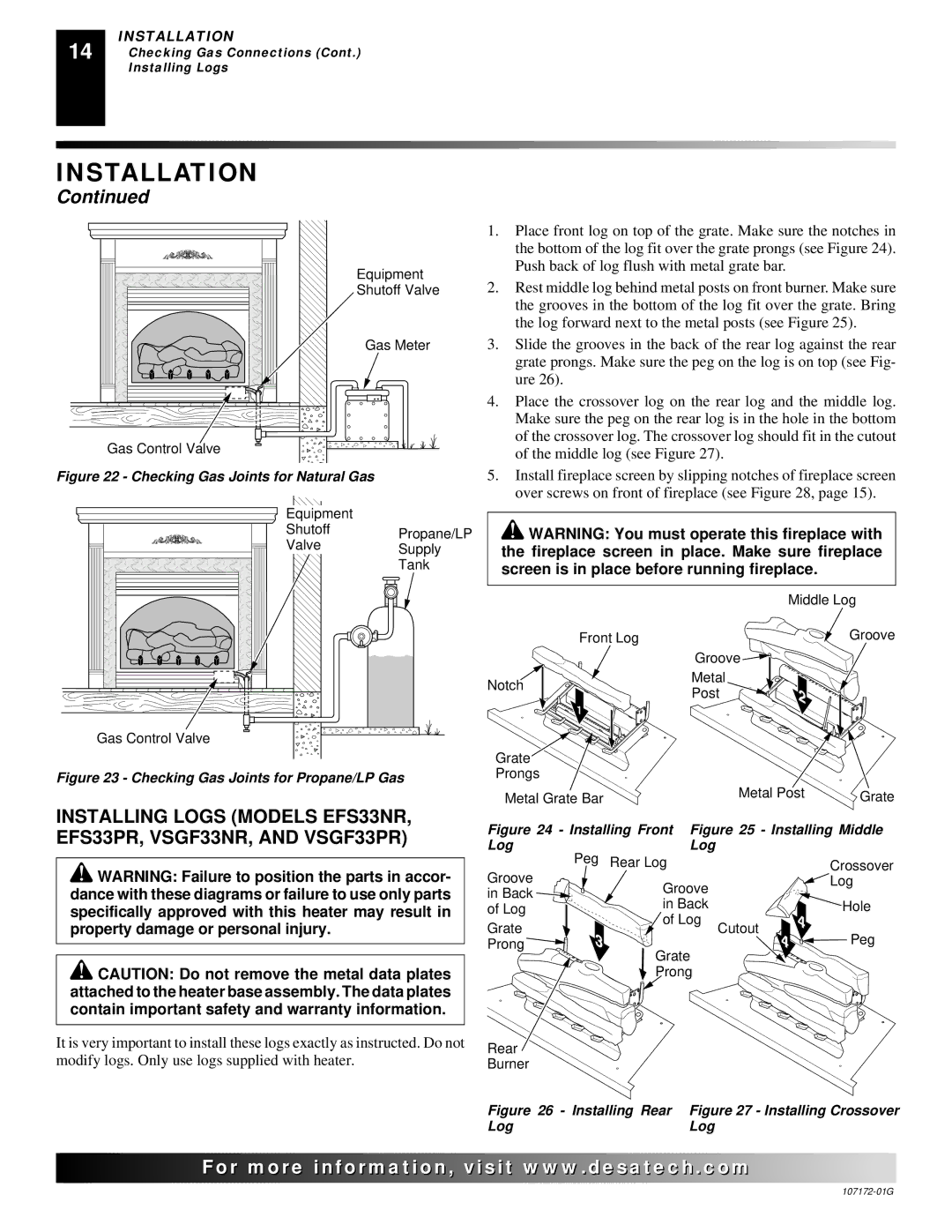 Desa VSGF33PRA installation manual Place front log on top of the grate. Make sure the notches 