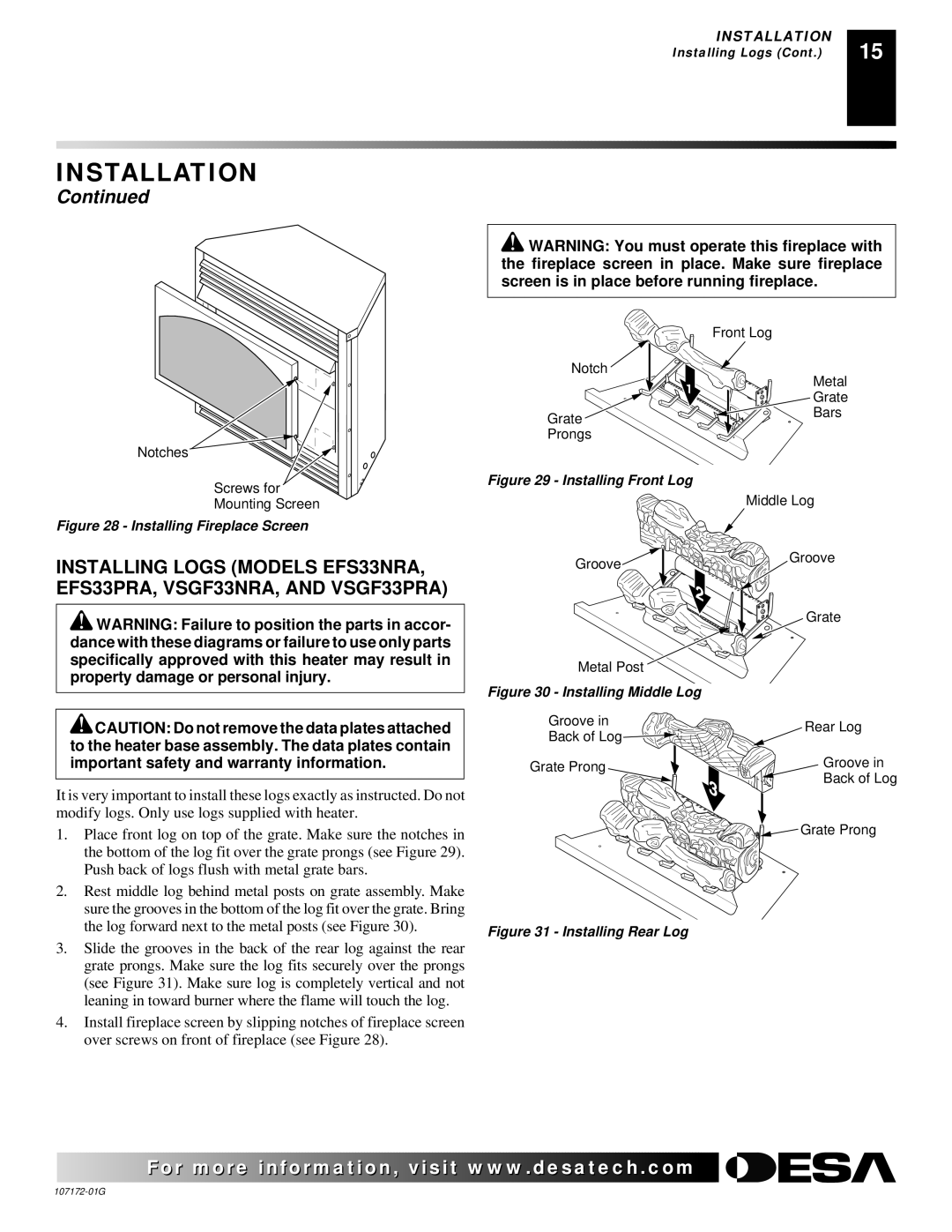 Desa EFS33NR, EFS33NRA, EFS33PR, EFS33PRA VSGF33NR, VSGF33NRA, VSGF33PR, VSGF33PRA Installing Fireplace Screen 