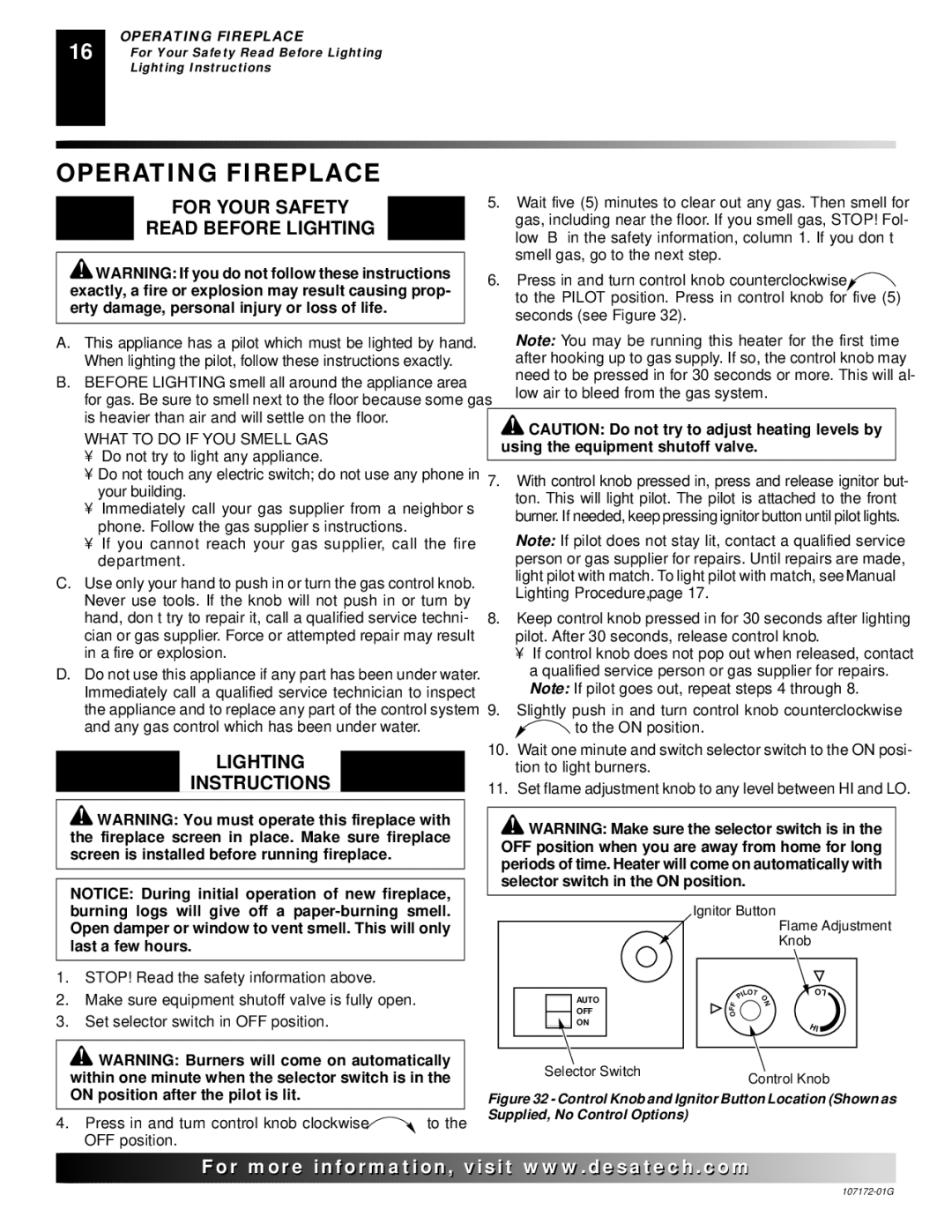 Desa VSGF33PRA installation manual Operating Fireplace, For Your Safety Read Before Lighting, Lighting Instructions 