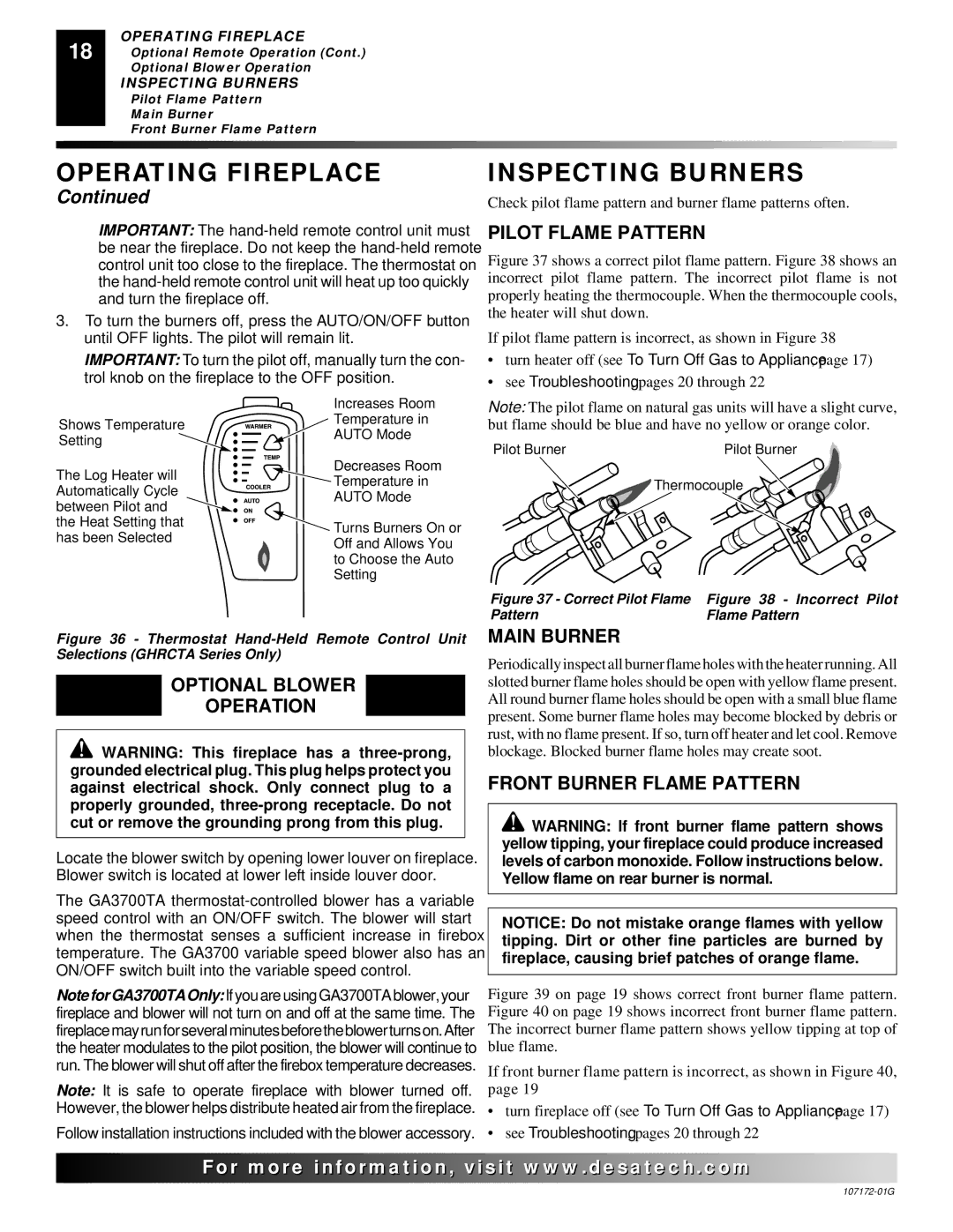 Desa VSGF33PRA Inspecting Burners, Pilot Flame Pattern, Optional Blower Operation, Main Burner, Front Burner Flame Pattern 