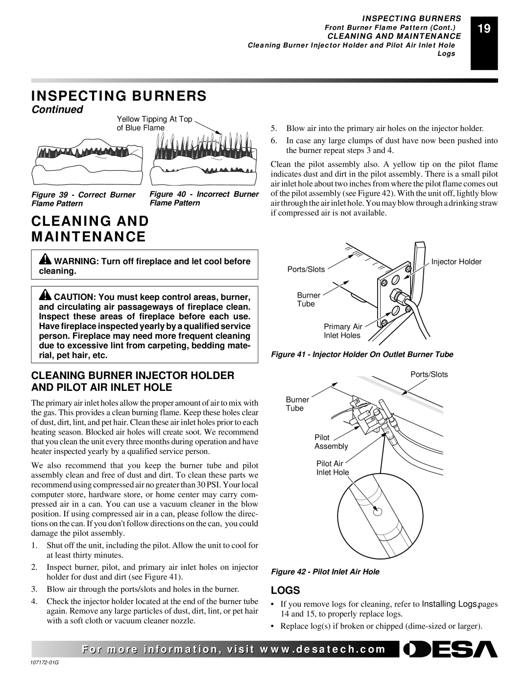 Desa EFS33NR, EFS33NRA, EFS33PR, EFS33PRA VSGF33NR, VSGF33NRA, VSGF33PR, VSGF33PRA Cleaning Maintenance, Logs 