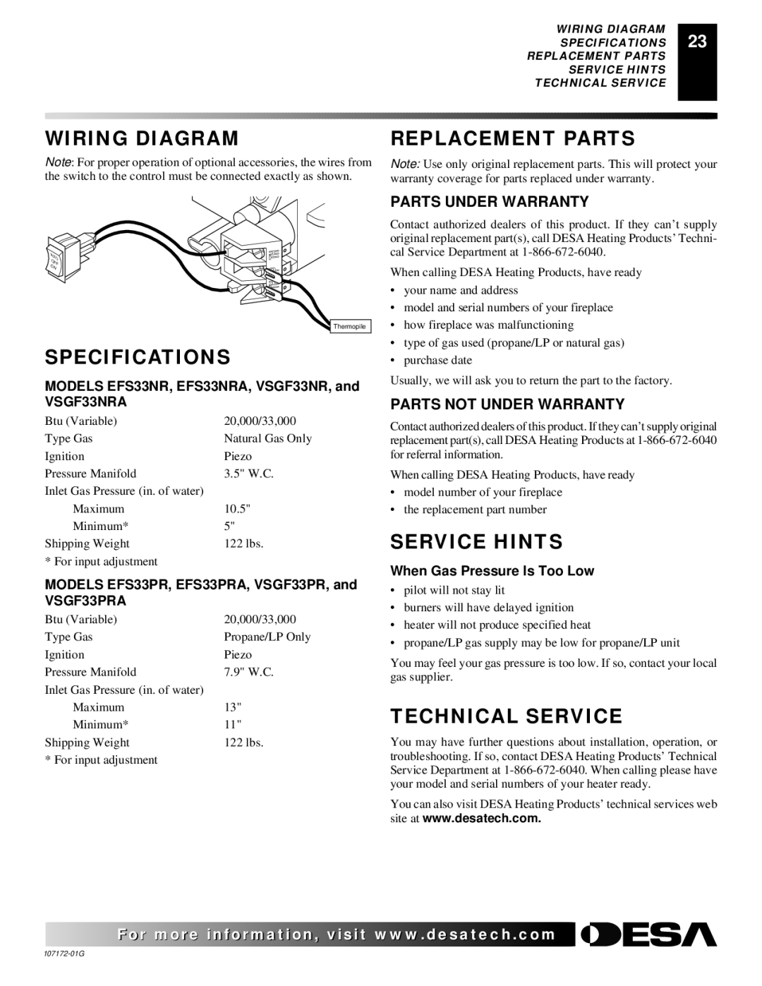 Desa EFS33NR, EFS33NRA, EFS33PR, EFS33PRA VSGF33NR, VSGF33NRA, VSGF33PR, VSGF33PRA Wiring Diagram, Specifications 