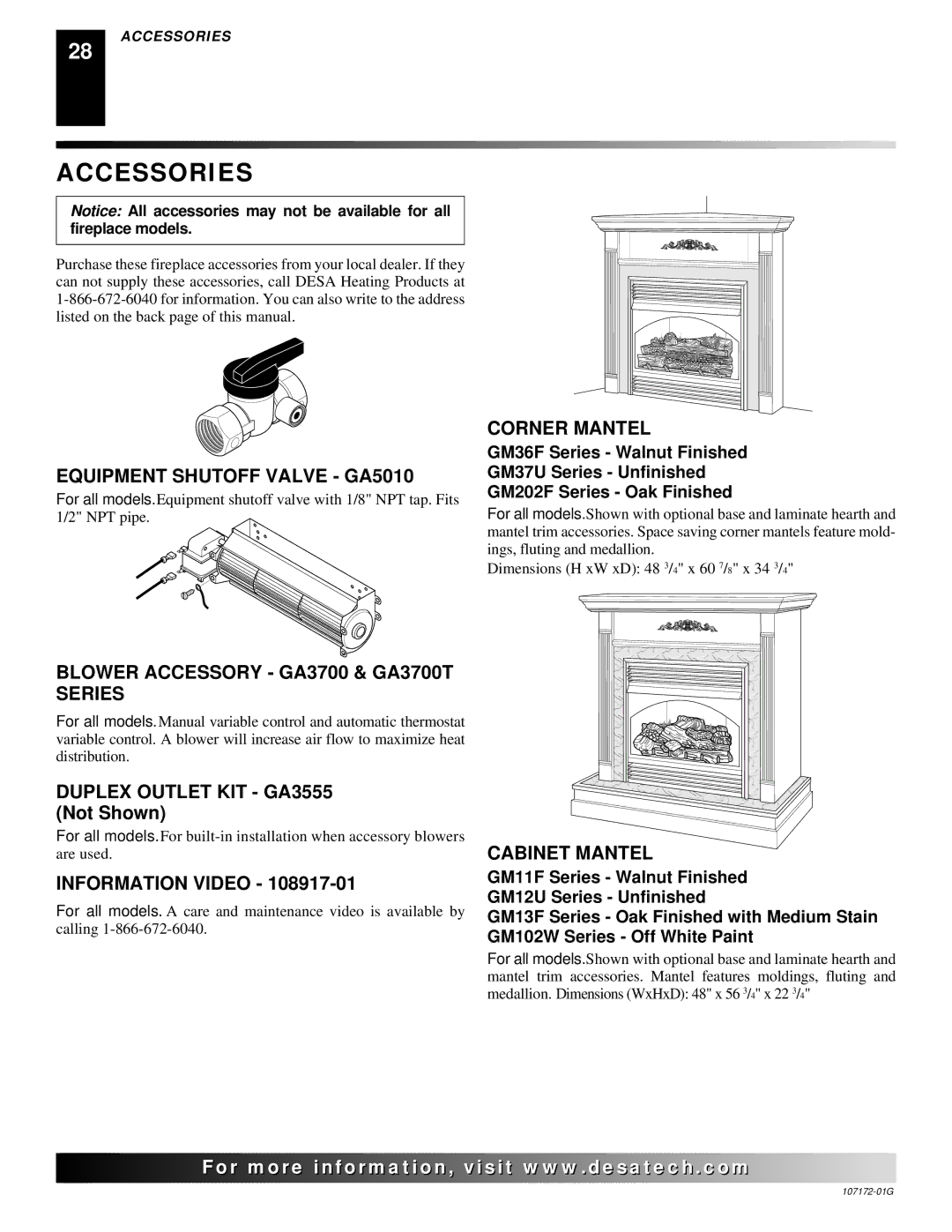 Desa EFS33NR, EFS33NRA, EFS33PR, EFS33PRA VSGF33NR, VSGF33NRA, VSGF33PR, VSGF33PRA installation manual Accessories 