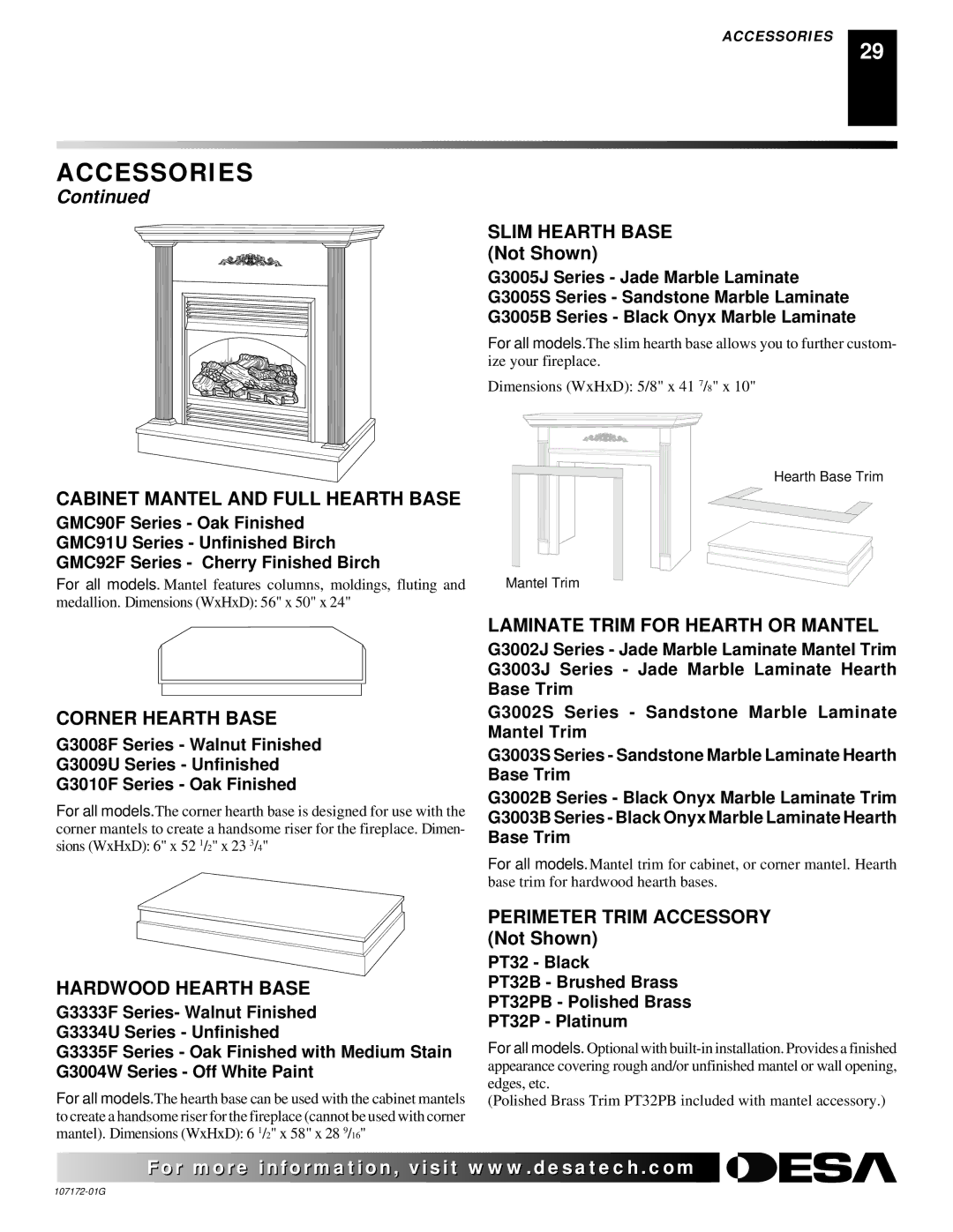 Desa EFS33NR, EFS33NRA, EFS33PR, EFS33PRA VSGF33NR, VSGF33NRA, VSGF33PR, VSGF33PRA Cabinet Mantel and Full Hearth Base 