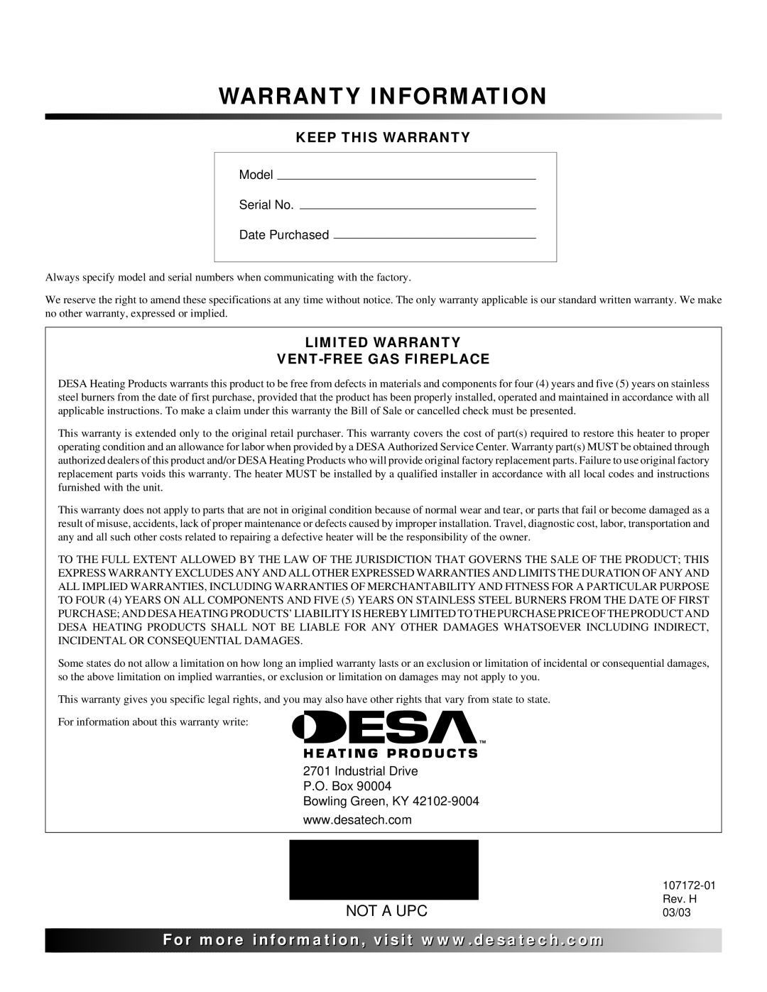 Desa EFS33NR, EFS33NRA, EFS33PR, EFS33PRA VSGF33NR, VSGF33NRA, VSGF33PR, VSGF33PRA Warranty Information 