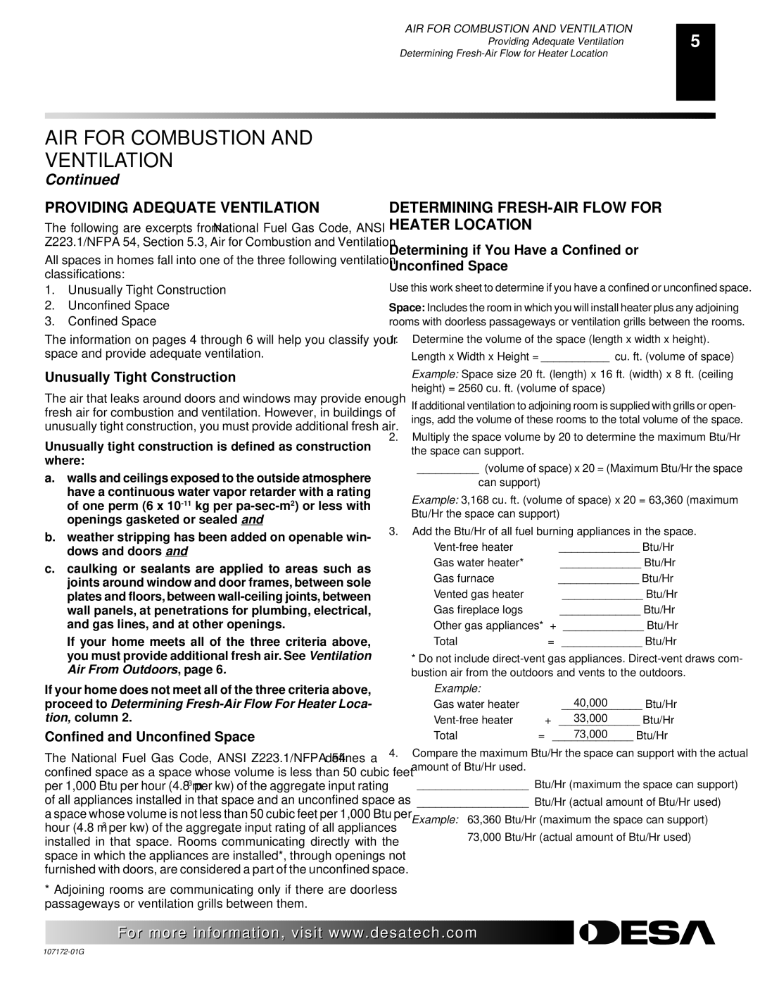 Desa EFS33NR, EFS33NRA, EFS33PR, EFS33PRA VSGF33NR, VSGF33NRA, VSGF33PR, VSGF33PRA Providing Adequate Ventilation 