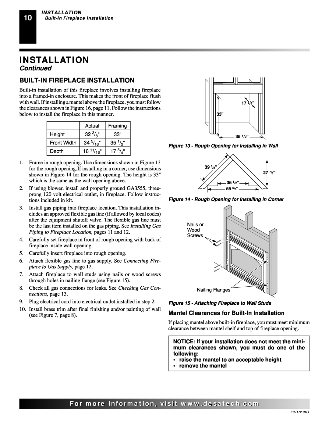 Desa VSGF33PRA installation manual Built-Infireplace Installation, Mantel Clearances for Built-InInstallation, Continued 