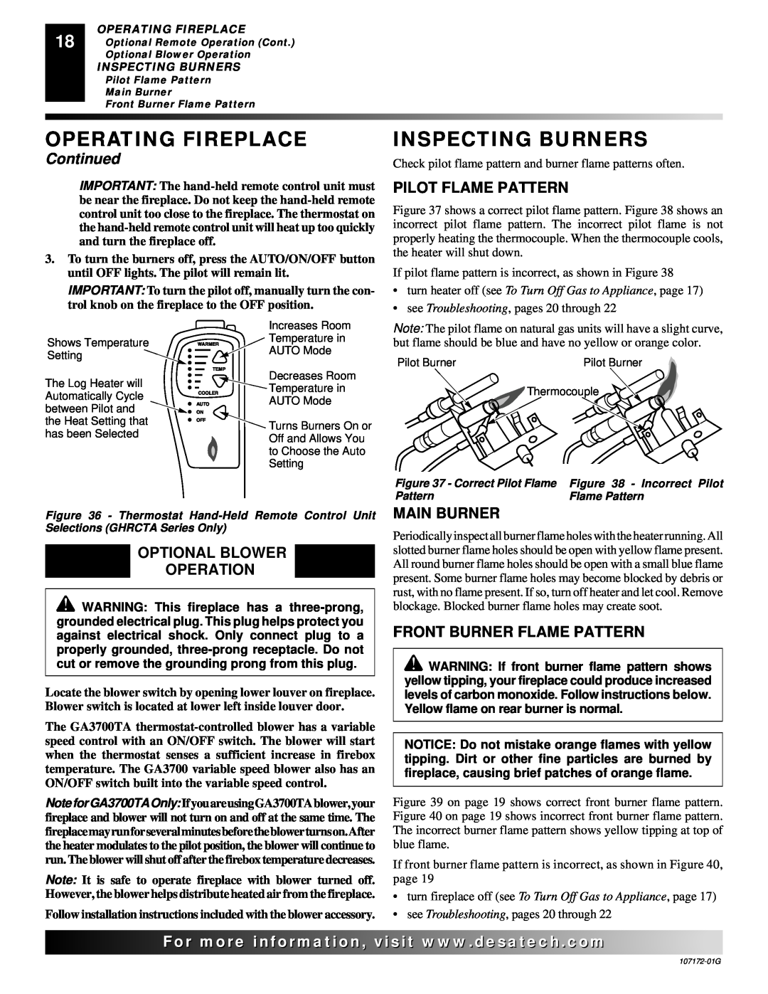 Desa VSGF33PRA Inspecting Burners, Pilot Flame Pattern, Optional Blower Operation, Main Burner, Front Burner Flame Pattern 