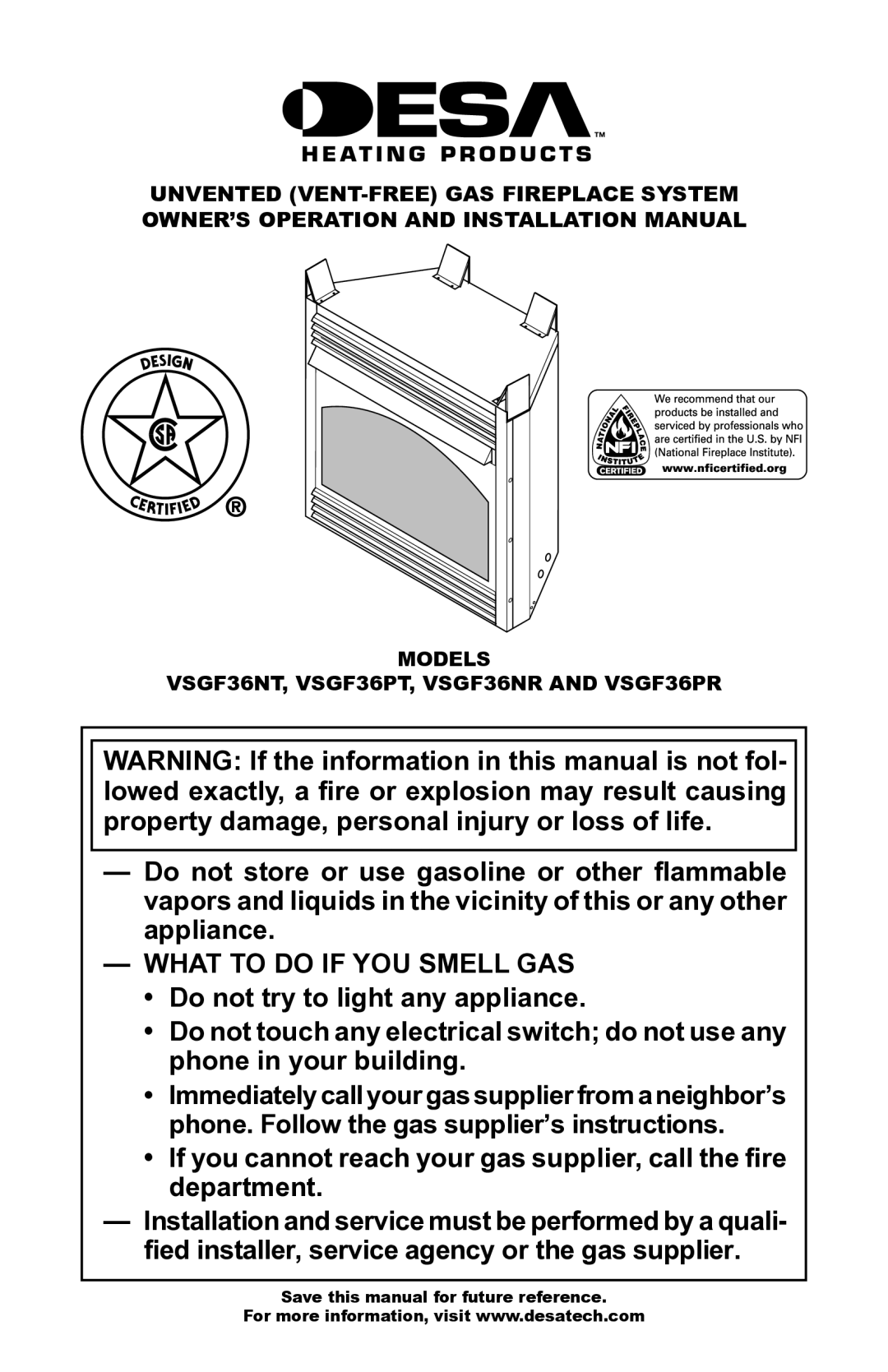 Desa VSGF36NR, VSGF36PR installation manual What to do if YOU Smell GAS 