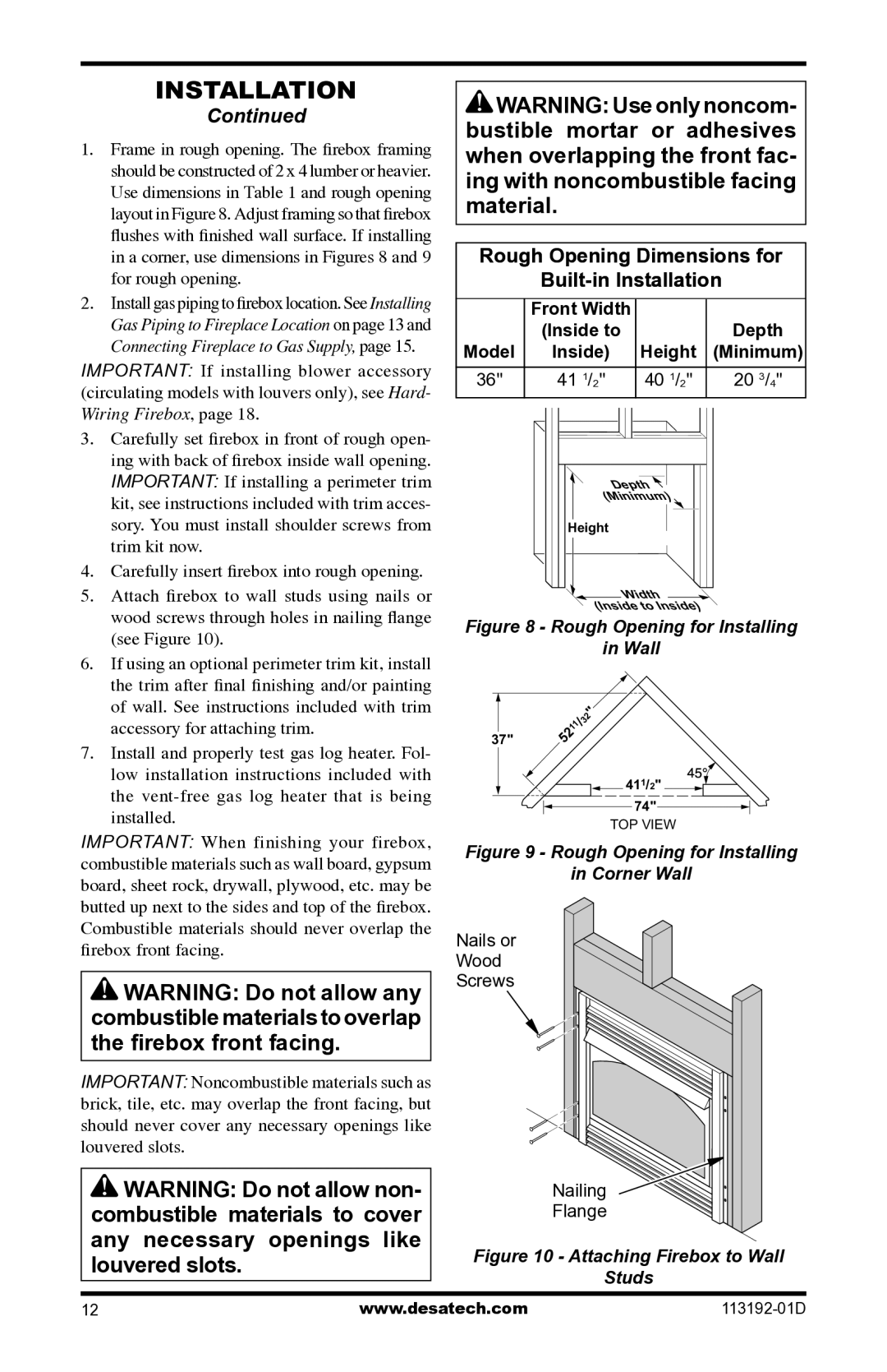 Desa VSGF36NR, VSGF36PR installation manual Rough Opening Dimensions for Built-in Installation 