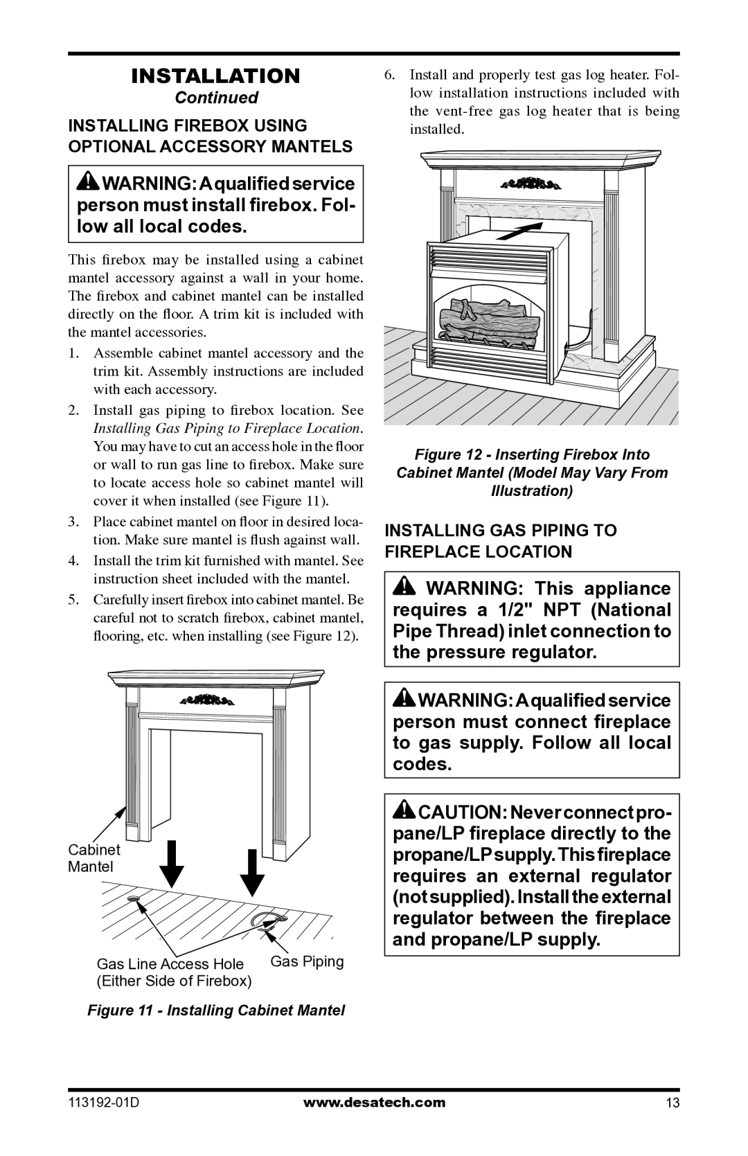 Desa VSGF36NR, VSGF36PR Installing Firebox Using Optional Accessory Mantels, Installing GAS Piping to Fireplace Location 