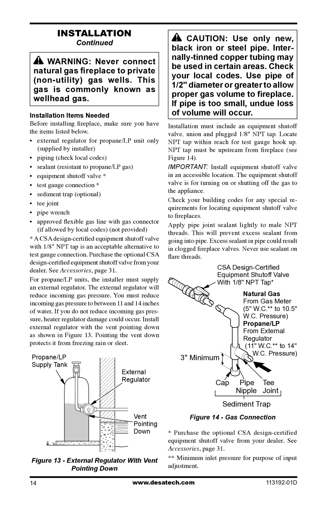 Desa VSGF36NR, VSGF36PR installation manual Installation Items Needed, Natural Gas, Propane/LP 