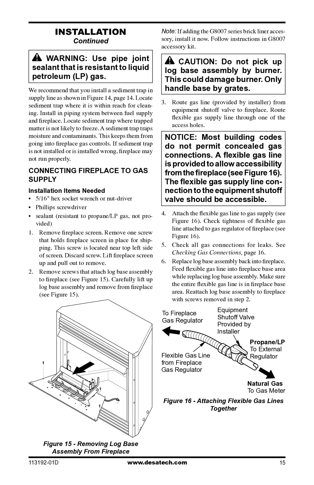 Desa VSGF36NR, VSGF36PR installation manual Connecting Fireplace to GAS Supply, Removing Log Base Assembly From Fireplace 