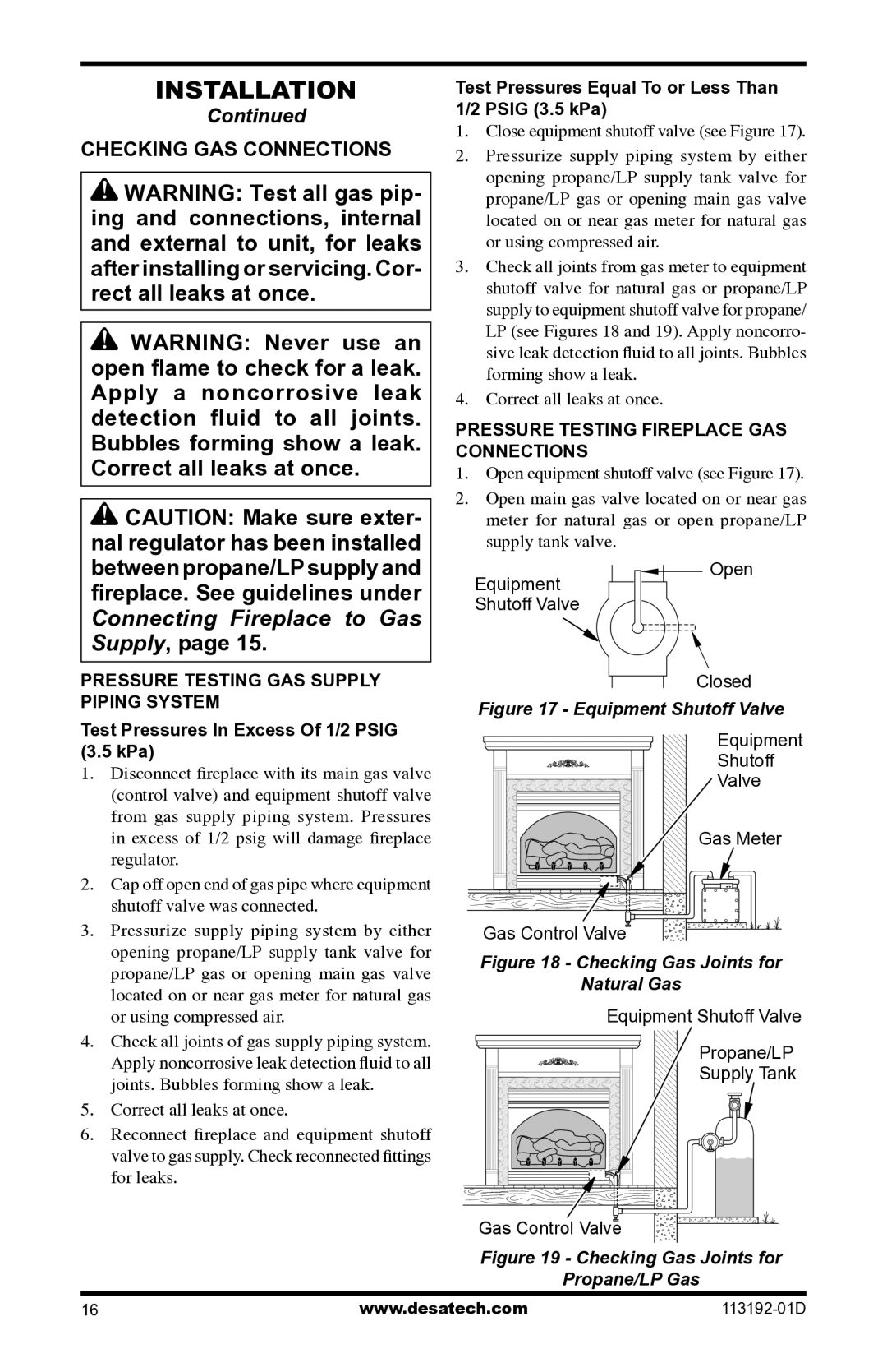 Desa VSGF36NR, VSGF36PR installation manual Checking GAS Connections, Test Pressures Equal To or Less Than 1/2 Psig 3.5 kPa 