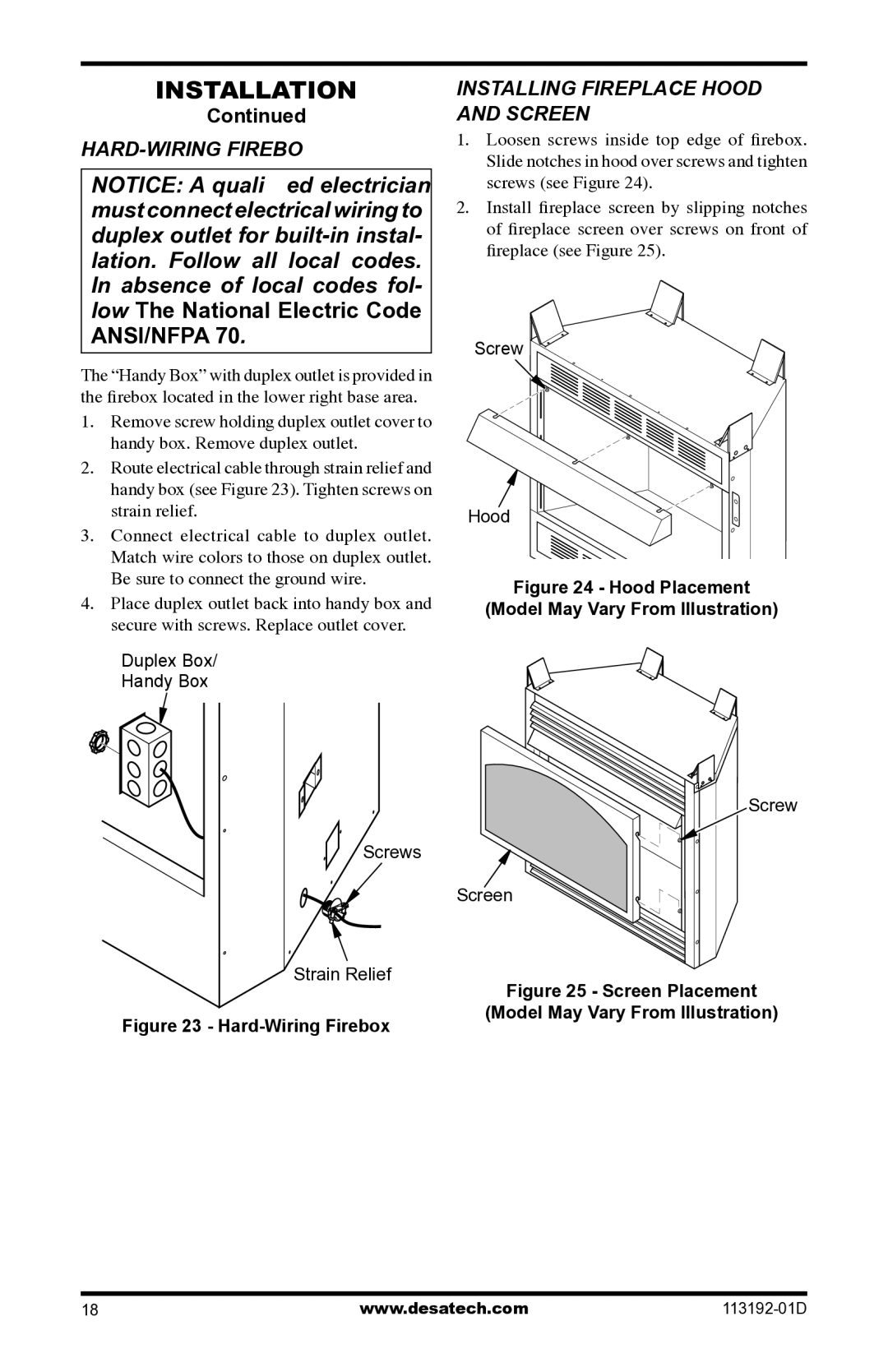 Desa VSGF36NR, VSGF36PR installation manual HARD-WIRING Firebox, Installing Fireplace Hood and Screen 