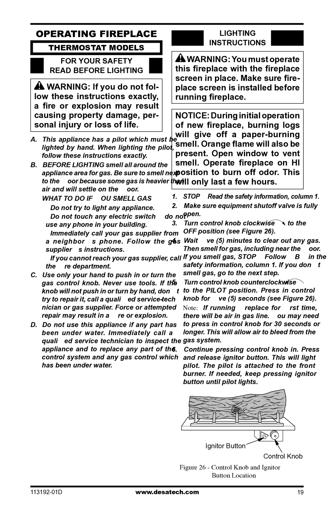 Desa VSGF36NR, VSGF36PR Operating Fireplace, Thermostat Models For Your Safety Read Before Lighting, Lighting Instructions 