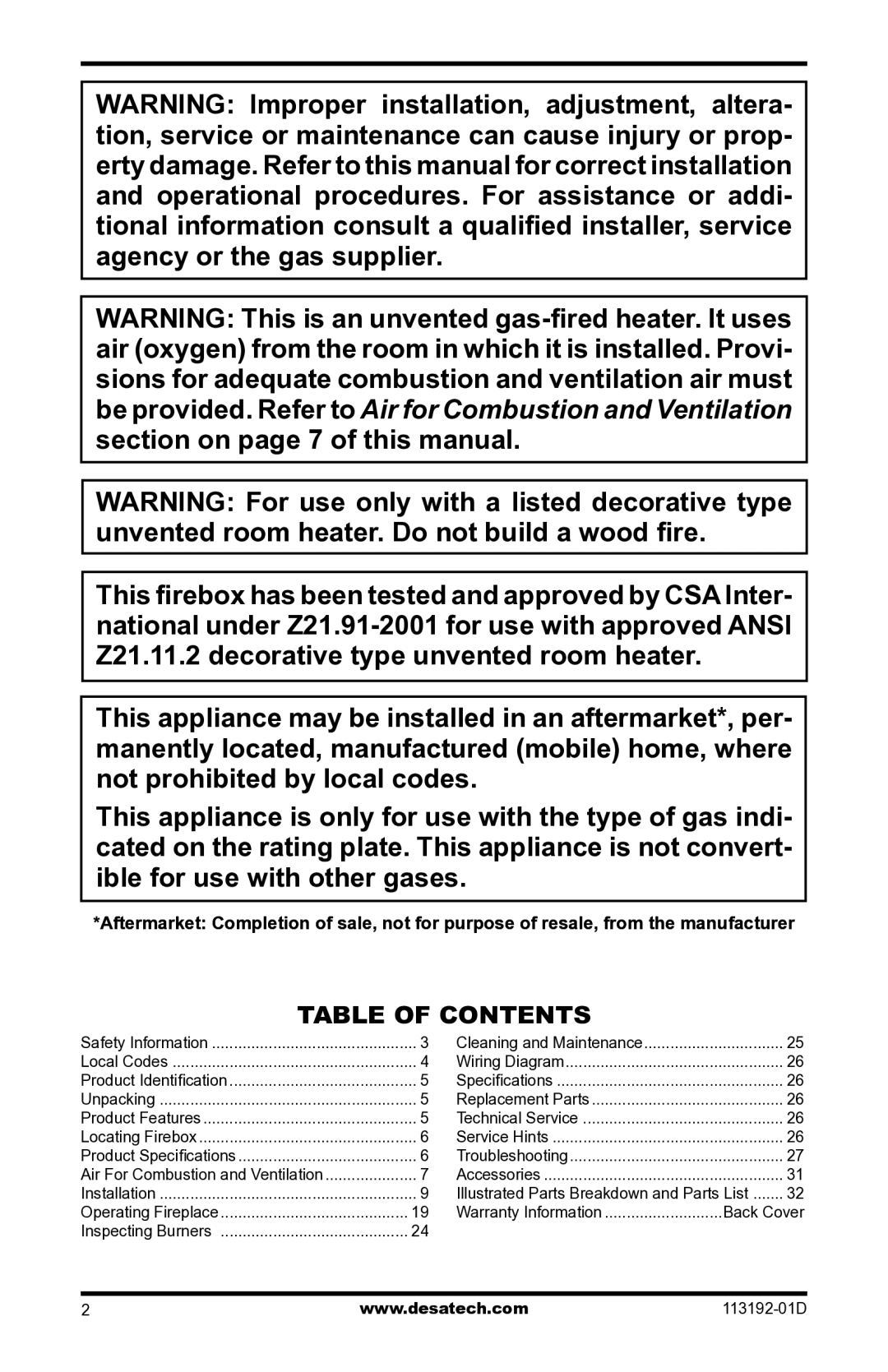 Desa VSGF36NR, VSGF36PR installation manual Table of Contents 