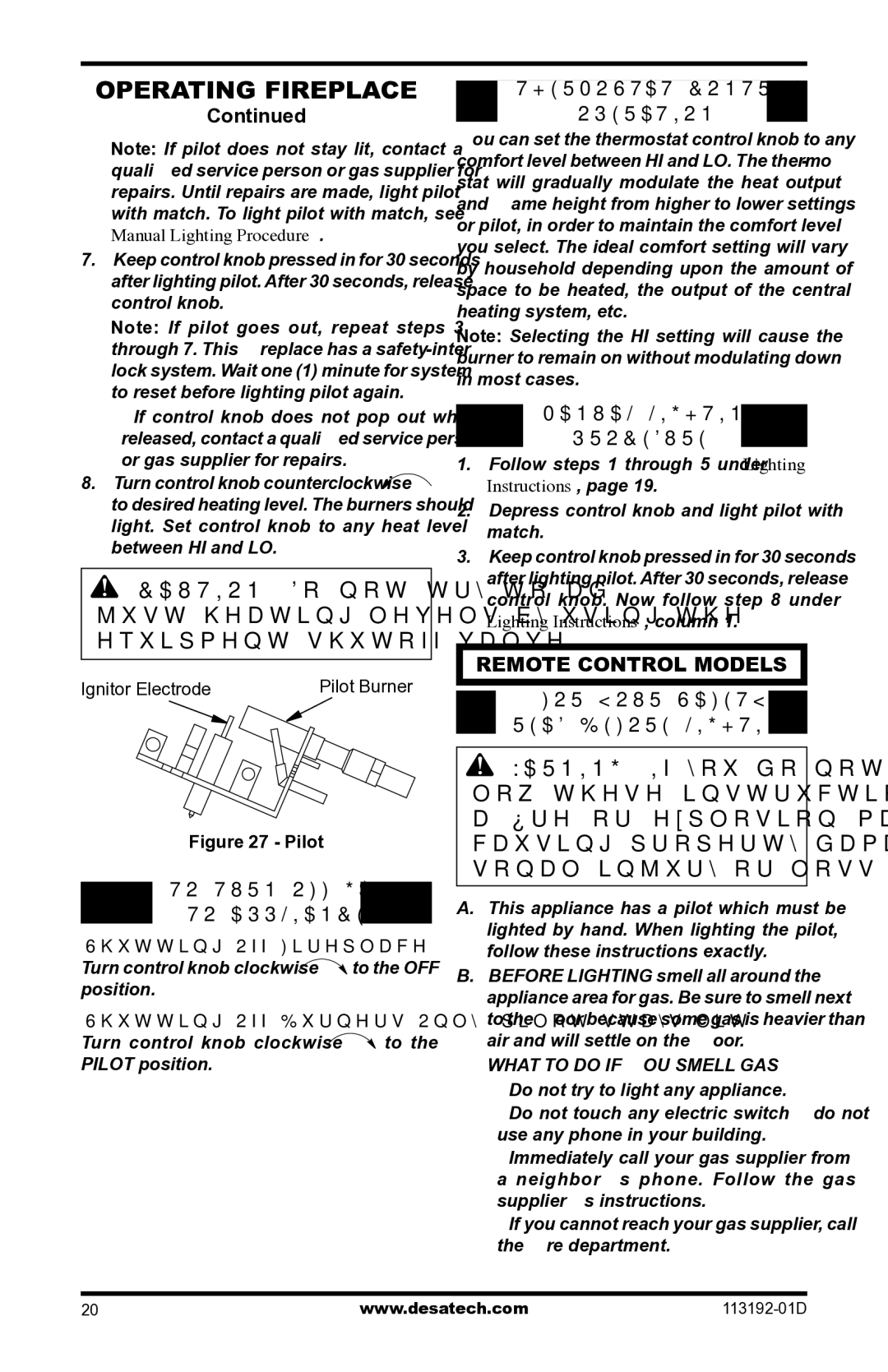 Desa VSGF36NR, VSGF36PR To Turn OFF GAS To Appliance, Thermostat Control Operation, Manual Lighting Procedure 