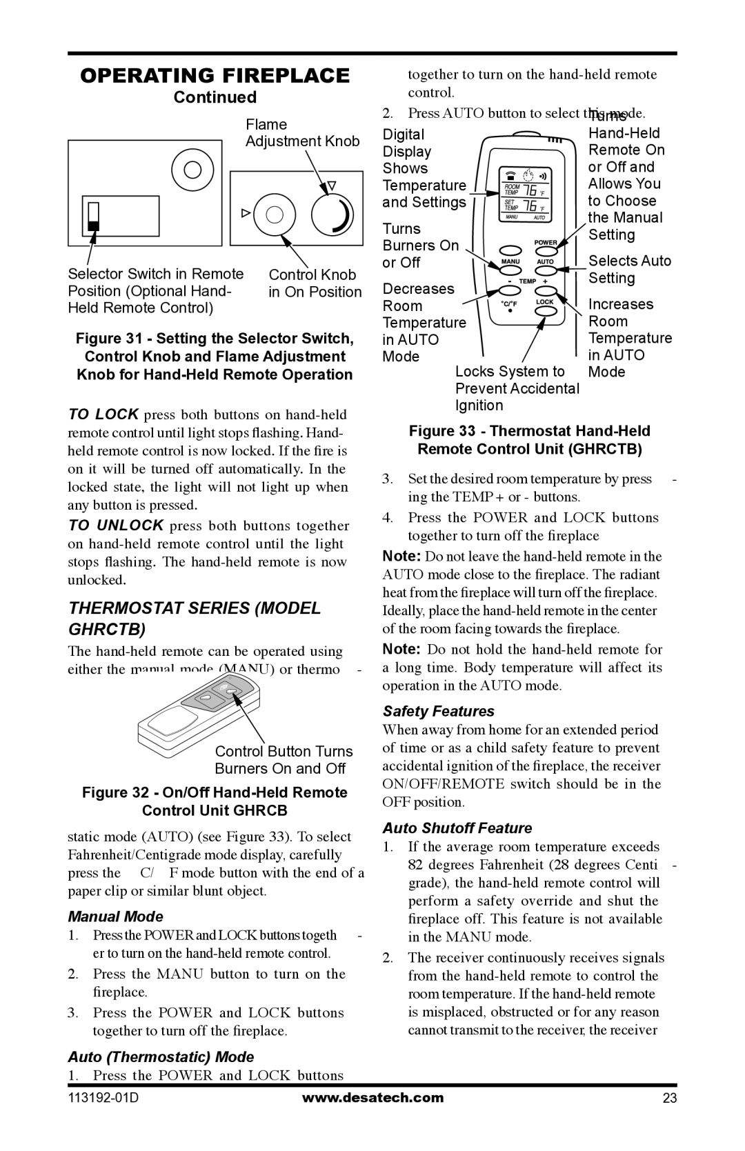 Desa VSGF36NR, VSGF36PR installation manual Thermostat Series Model Ghrctb, Turns, Manual Mode, Auto Shutoff Feature 